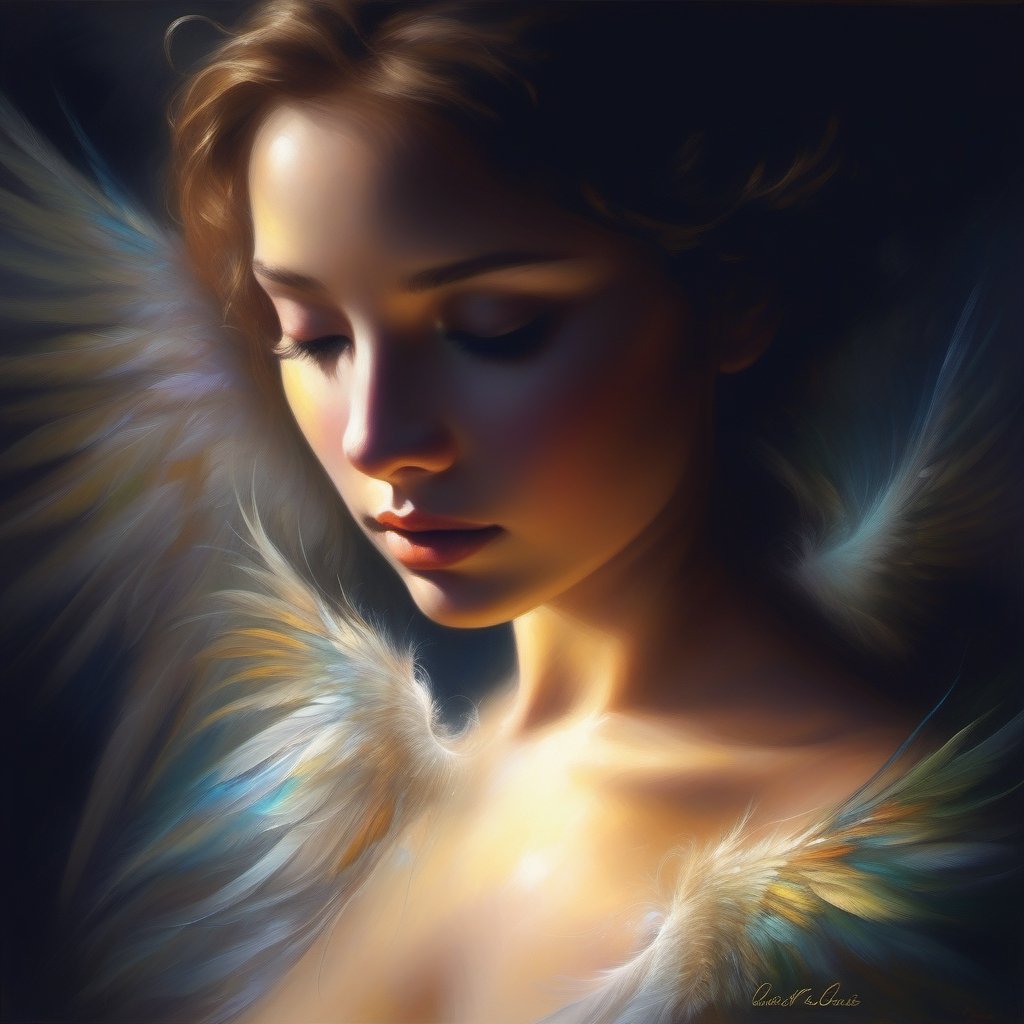 Bold strokes and thick paint capture the essence of an angel's grace. Flowing lines suggest a background of feathered wings, while vibrant dabs of color radiate from the focal point. The central form is loosely defined by energetic brushwork, evoking a young woman with compassion in her eyes. Light peeks through the texture in ethereal streams. The mood is quiet reverence, emphasized by minimal distinguishable details. Overall, the poignant impressions and luminous textures express the holy manifested in the mundane. Abstract elements combine in poetic celebration of human connection channeling the divine.