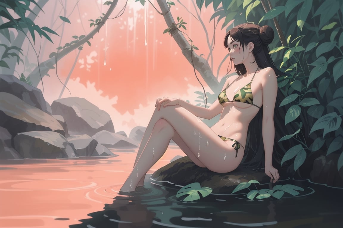 The scene depicts a woman wading in a tropical river, rendered in Colville's hyperrealist style. The lighting is stark and clinical, casting harsh shadows across the woman's body. She stands motionless facing away, her curves accentuated by the crisp delineation of light and dark. Her long hair is pinned up in a tight bun.

Rather than a bikini, wide leaves are strategically placed across her body, their jagged edges and veins painted in meticulous detail. The leaves create a flat pattern of negative space against her skin. Her flesh is pale and luminous, glowing almost unnaturally against the dark water.

The jungle surroundings appear mundane, painted in drab olive tones. There is no sense of lush vibrancy or exotic mystique. The trees are sparse and ordinary, the vines ashy and limp. A few fallen leaves float aimlessly in the murky river.

The woman's placid expression betrays no emotion or inner life. Her gaze is blank, facing away from the viewer. The scene evokes an unsettling melancholy, the woman isolated and detached from her environment. The impersonal realism explores themes of alienation and disconnection from nature.,dripping paint,abstact,huayu