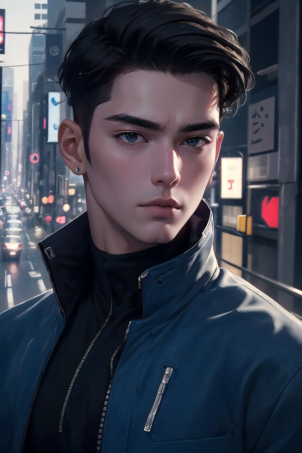 Masterpiece, Best Quality, (8k resolution), (ultra-detailed), perfection, 1boy, black hair, (blue jacket), undercut, Handsome Korean man,Height above 180cm,The face is clean and free of scum,Not short sideburns, Medium distribution type,cyberpunk style, middle of the street, Shibuya, scenery, cowboy shot, Look down from above, looking at viewer, intricately detailed.