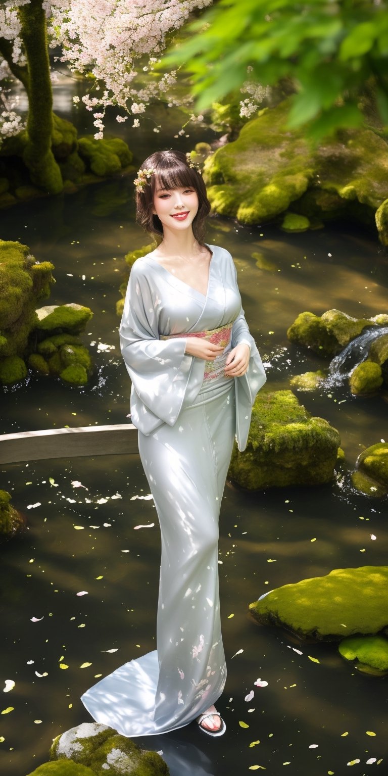 A graceful woman, smile, joyful, in a shimmering silver kimono, embroidered with koi swimming in moonlight, steps across a moss-covered bridge in a traditional Japanese garden. Gentle ripples disturb the reflection of the full moon as cherry blossom petals drift softly down, leaving a trail of ethereal light. (Mood: Mystical, elegant),utsukushi, dutch angle, dramatic