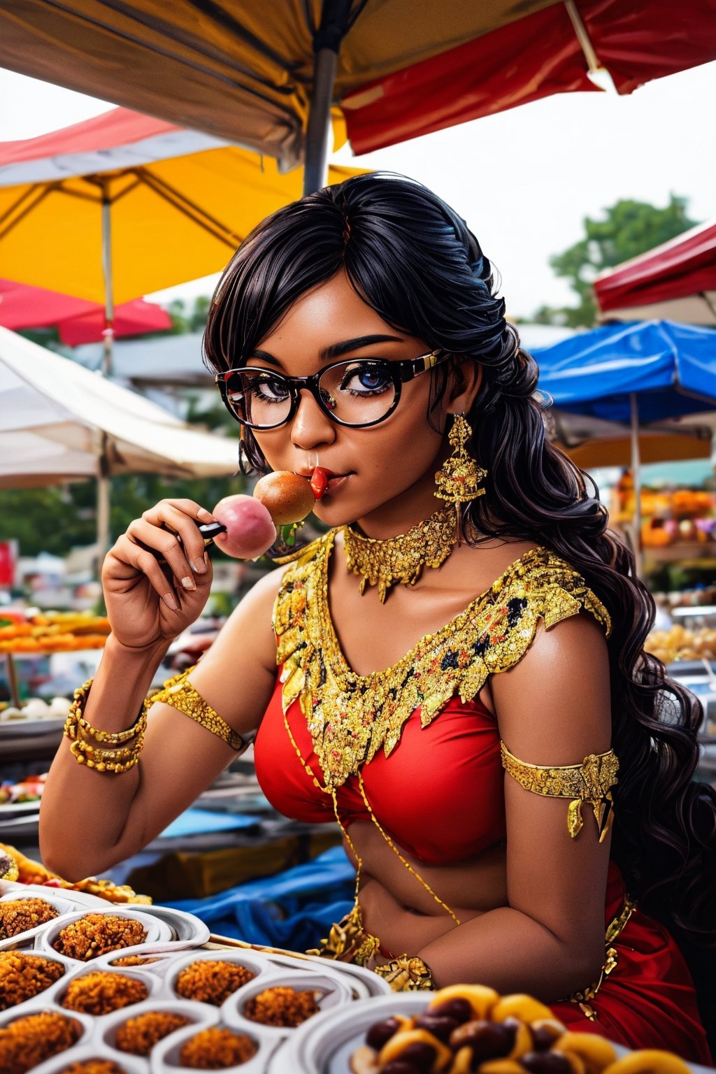 4k ,photo of a stunningly, amazing, looking at viewer, detailed eyes, wearing glasses, eating, dango, day, high_resolution, masterpiece, food stall, light details,apsara,Masterpiece