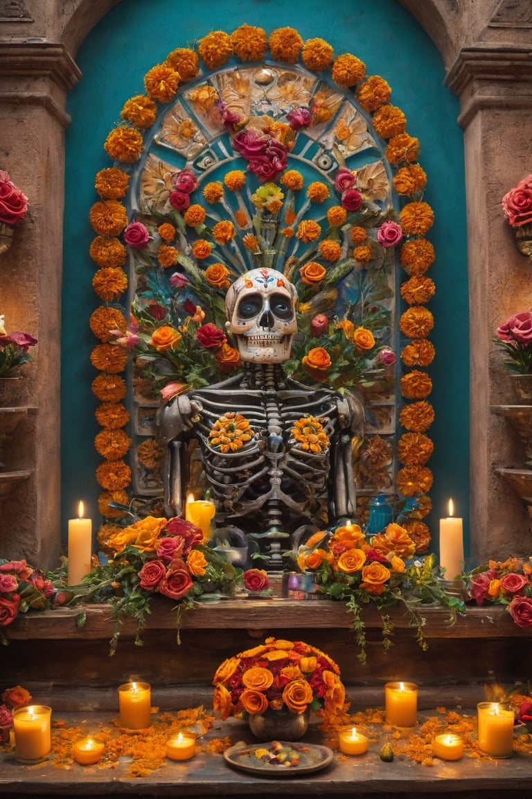 (masterpiece:1.1), (highest quality:1.1), (HDR:1.0), extreme quality, cg, (negative space), Mexican Day of the Dead altar, with many details, chempasuchil (marigold) flowers, roses, candles, (plants:1.18), (fractal art), (bright colors), splashes of color background, colors mashing, paint splatter, complimentary colors, compassionate,aw0k geometry