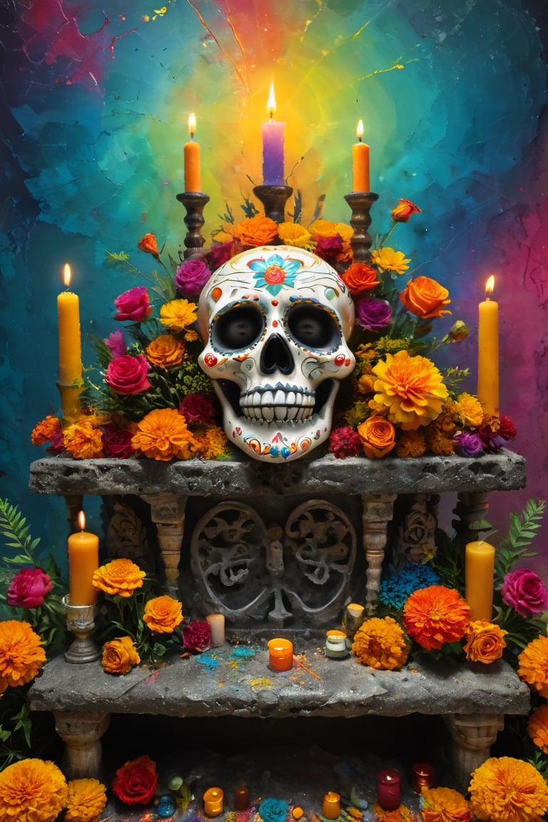 (masterpiece:1.1), (highest quality:1.1), (HDR:1.0), extreme quality, cg, (negative space), Mexican Day of the Dead altar, with many details, chempasuchil (marigold) flowers, roses, candles, (plants:1.18), (fractal art), (bright colors), splashes of color background, colors mashing, paint splatter, complimentary colors, compassionate,aw0k geometry