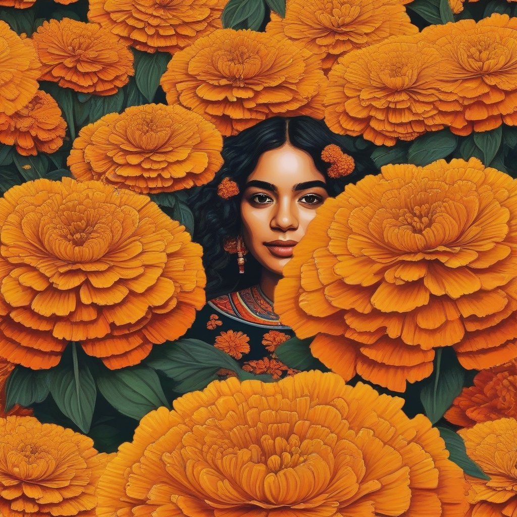 marigolds ( Cempasúchitl ), day of death, in autumn season,  illustration, no humans, looking at viewer, solo, portrait, vector art,aesthetic portrait