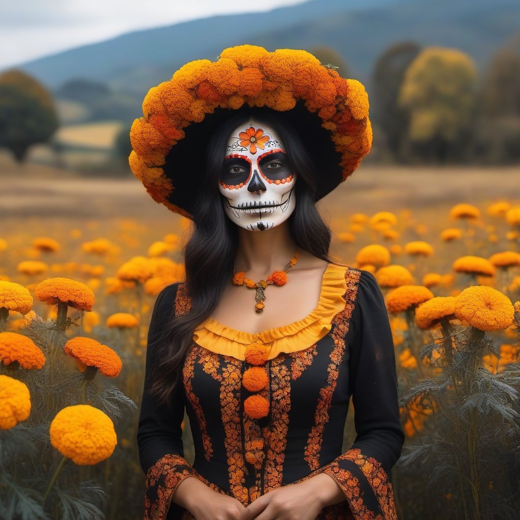 catrina in a marigolds field ( Cempasúchitl ), day of death, in autumn season, looking at viewer, solo, portrait, aesthetic portrait,photo r3al,detailmaster2,aesthetic portrait,dripping paint