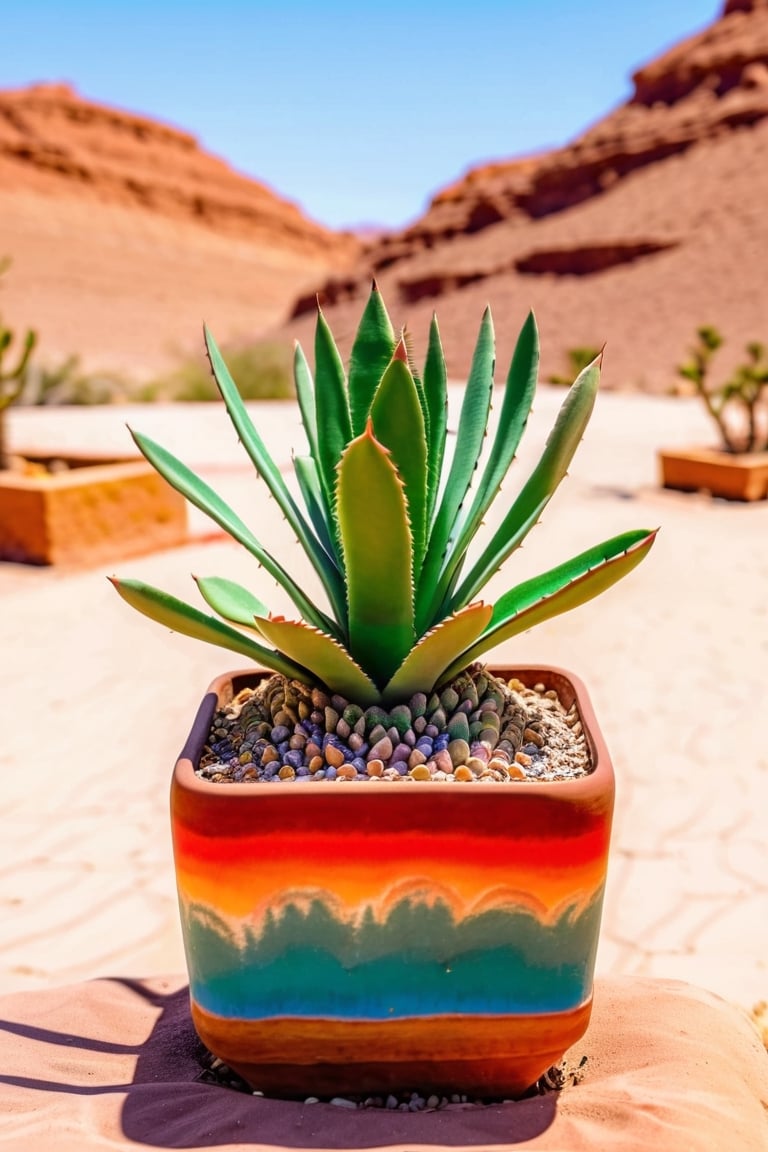 (best quality, masterpiece, ultra detailed, 8K, RAW photo), 
succulent inside a square pot, in the background a desert ,colorful,color art