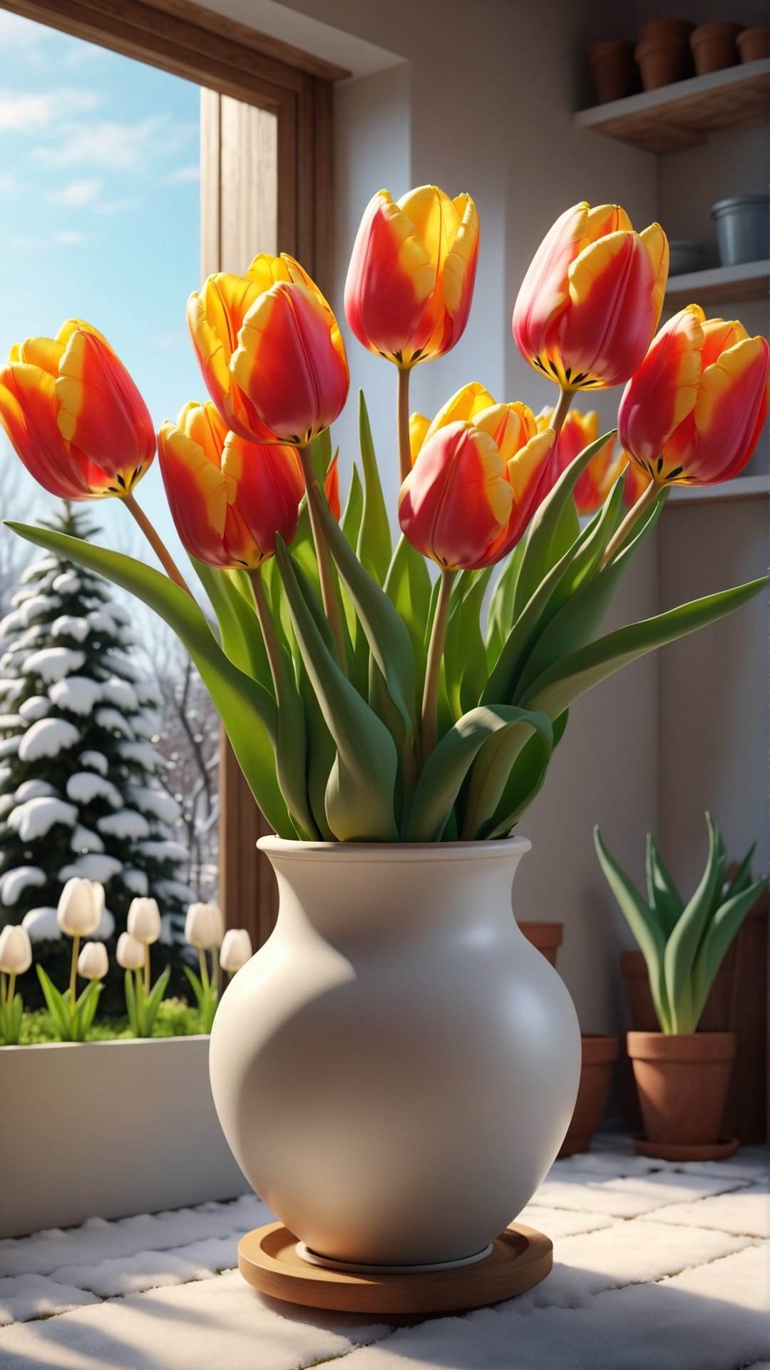 masterpiece artwork, best quality,  

hanging pot whit a beautiful tulip, in the background a garden in winter 

8k, octane render, natural lighting, hyperrealistic, 
3d cartoon, extremely detailed, dynamic angle, 
magic, surreal, fantasy, digital art, UHD, cinematic perfect light,