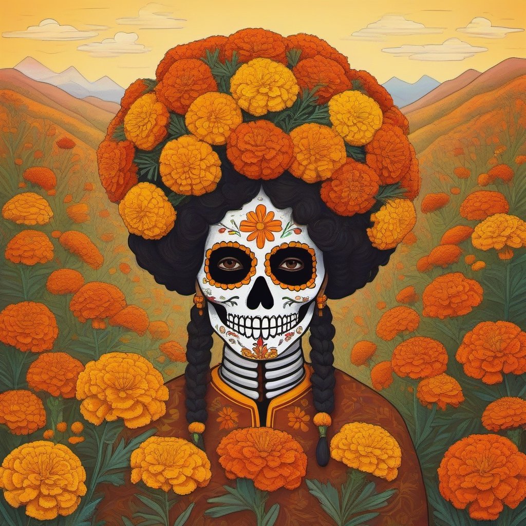 marigolds ( Cempasúchitl ), day of death, in autumn season,  illustration, no humans, looking at viewer, solo, portrait, aesthetic portrait, detailmaster2