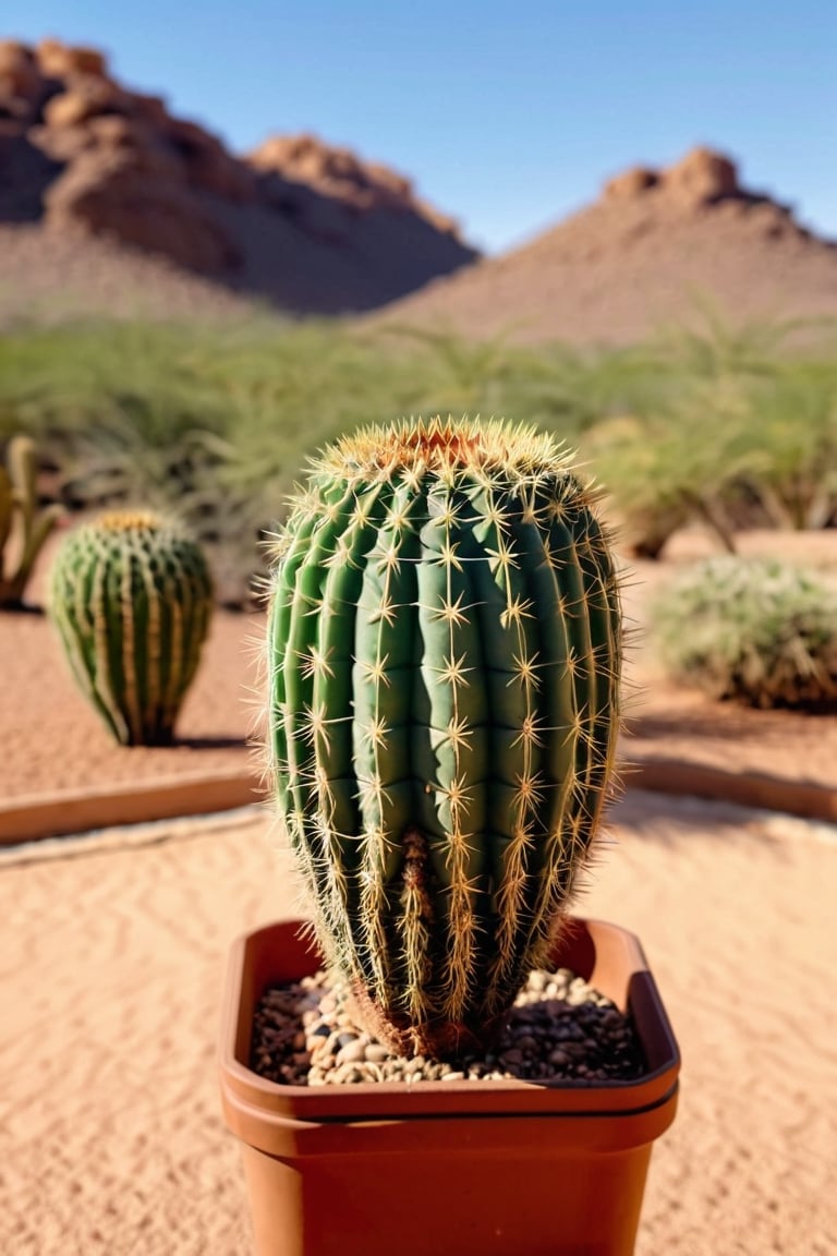 (best quality, masterpiece, ultra detailed, 8K, RAW photo), 
cactus inside a square pot (1 liter), in the background a desert