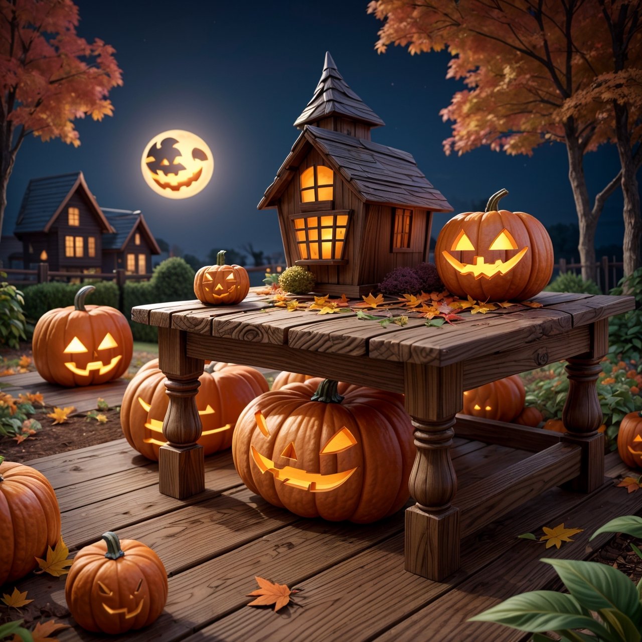 ((best quality)), ((masterpiece)), ((ultra-detailed)), high resolution, halloween monsters gardening in yard on autumn eve, wooden table, on top of it pots and gardening tools