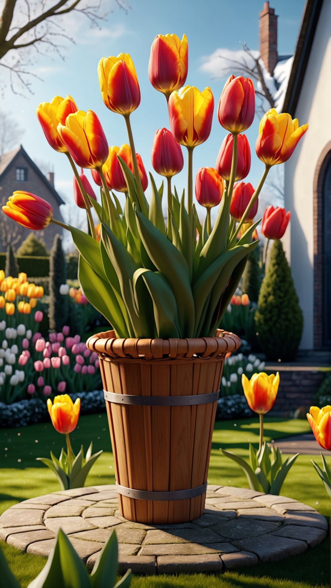 masterpiece artwork, best quality,  

hanging basquet whit a beautiful tulip, in the background a garden in winter 

8k, octane render, natural lighting, hyperrealistic, 
3d cartoon, extremely detailed, dynamic angle, 
magic, surreal, fantasy, digital art, UHD, cinematic perfect light,