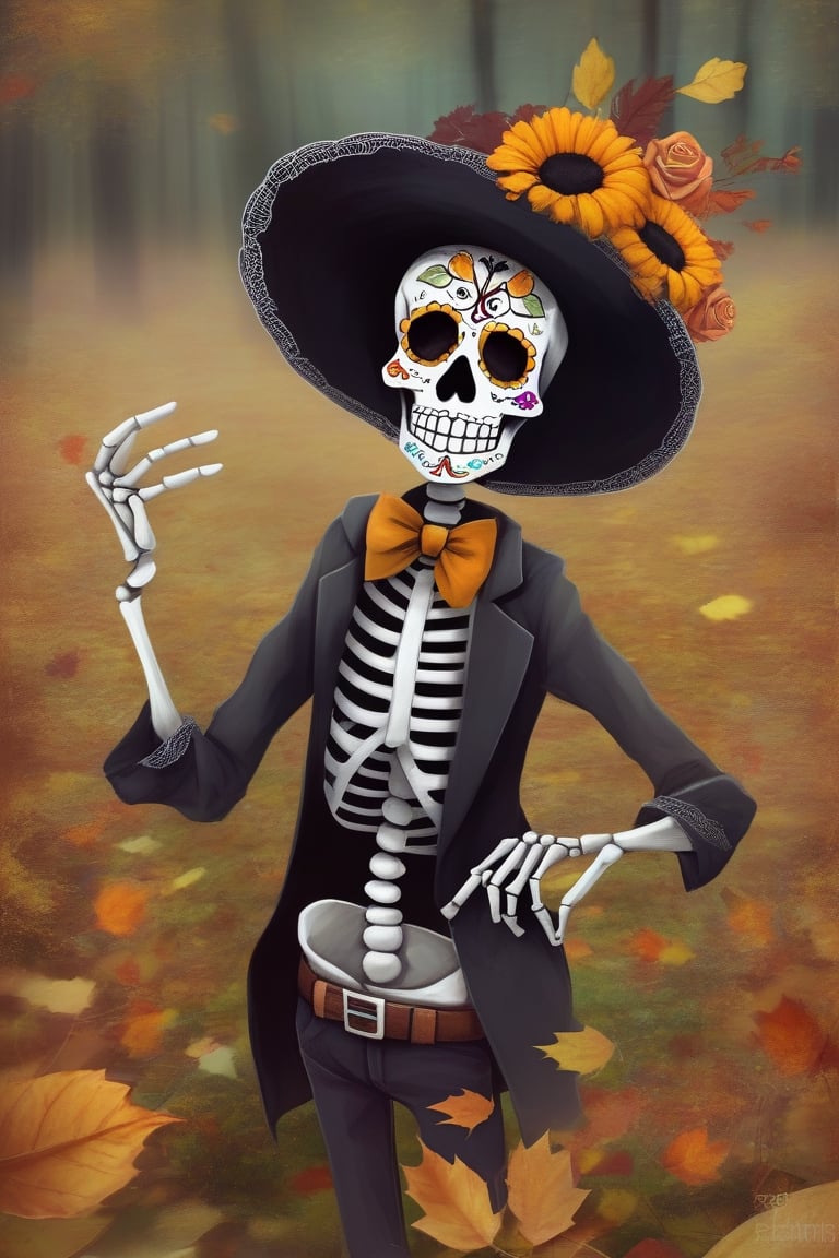 2D, living_skeleton, creepy,,  (style of day of the dead:1.3) 
(masterpiece,best quality:1.5),
Grunge clothing, Meadow,autumn, \Mayuri (Steins;Gate)\,HellAI,isni