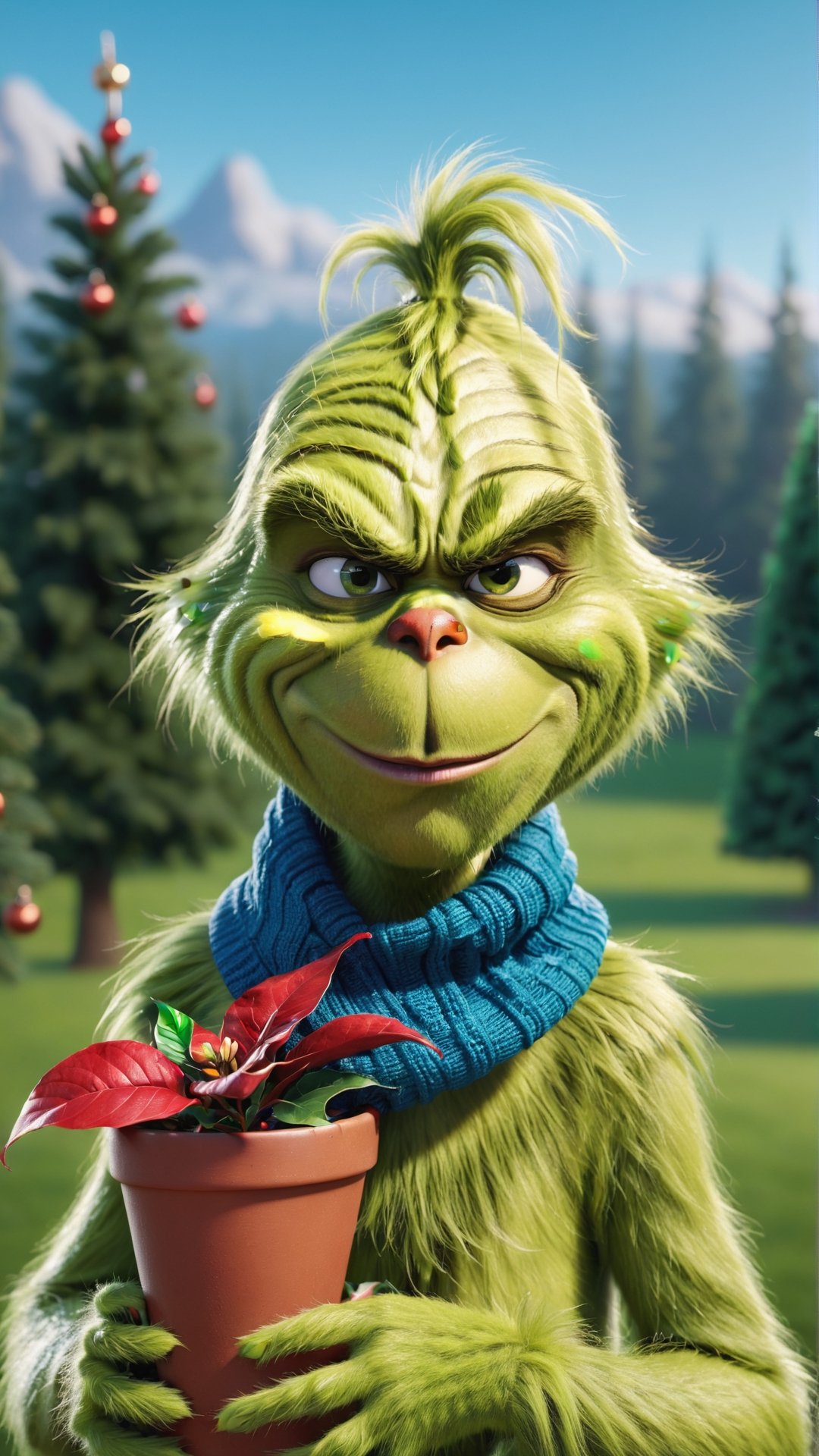 (best quality,4k,8k,highres,masterpiece:1.2), ultra-detailed,(realistic,photorealistic,photo-realistic:1.37), cartoon illustration of a cute (portrait of the grinch wearing a blue scarf holding a flowerpot with both hands, a poinsettia on it, in the background a field of pine trees.), full body, 8k resolution, masterpiece, very realistic, 8k resolution, masterpiece, very realistic, detailed background, depth of field,cute cartoon