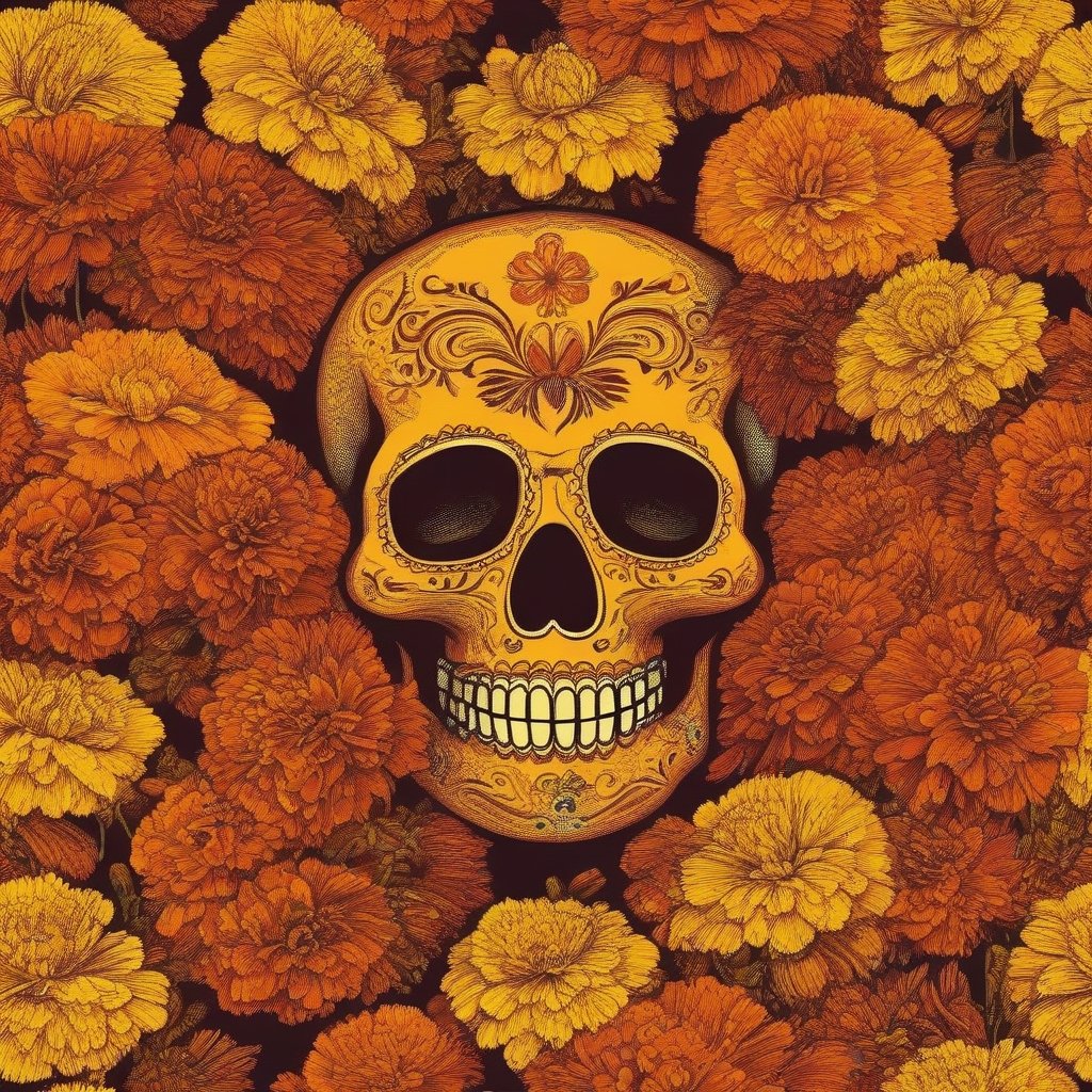 marigolds ( Cempasúchitl ), day of death, in autumn season,  illustration, no humans, looking at viewer, solo, portrait, vector art,aesthetic portrait