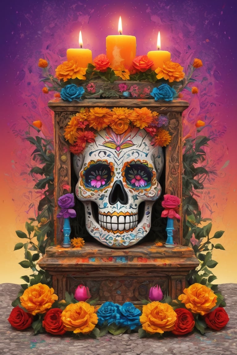 (masterpiece:1.1), (highest quality:1.1), (HDR:1.0), extreme quality, cg, (negative space), Mexican Day of the Dead altar, with many details, chempasuchil (marigold) flowers, roses, candles, (plants:1.18), (fractal art), (bright colors), splashes of color background, colors mashing, paint splatter, complimentary colors, compassionate,