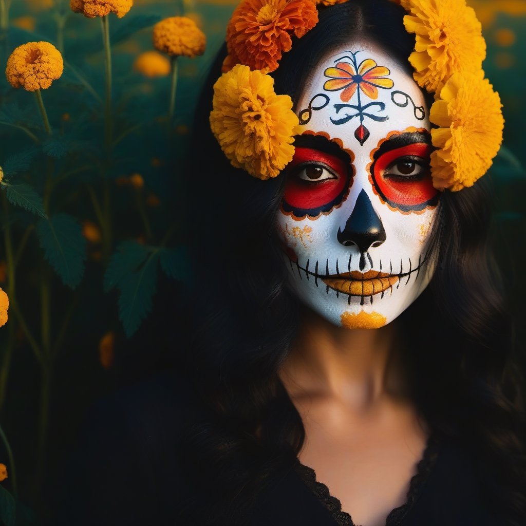 catrina in a marigolds field ( Cempasúchitl ), day of death, in autumn season, looking at viewer, solo, portrait, aesthetic portrait,photo r3al,detailmaster2,aesthetic portrait,dripping paint