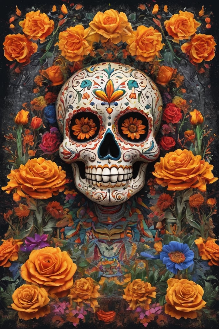 (masterpiece:1.1), (highest quality:1.1), (HDR:1.0), extreme quality, cg, (negative space), Mexican Day of the Dead altar, with many details, chempasuchil (marigold) flowers, roses, candles, (plants:1.18), (fractal art), (bright colors), splashes of color background, colors mashing, paint splatter, complimentary colors, compassionate,