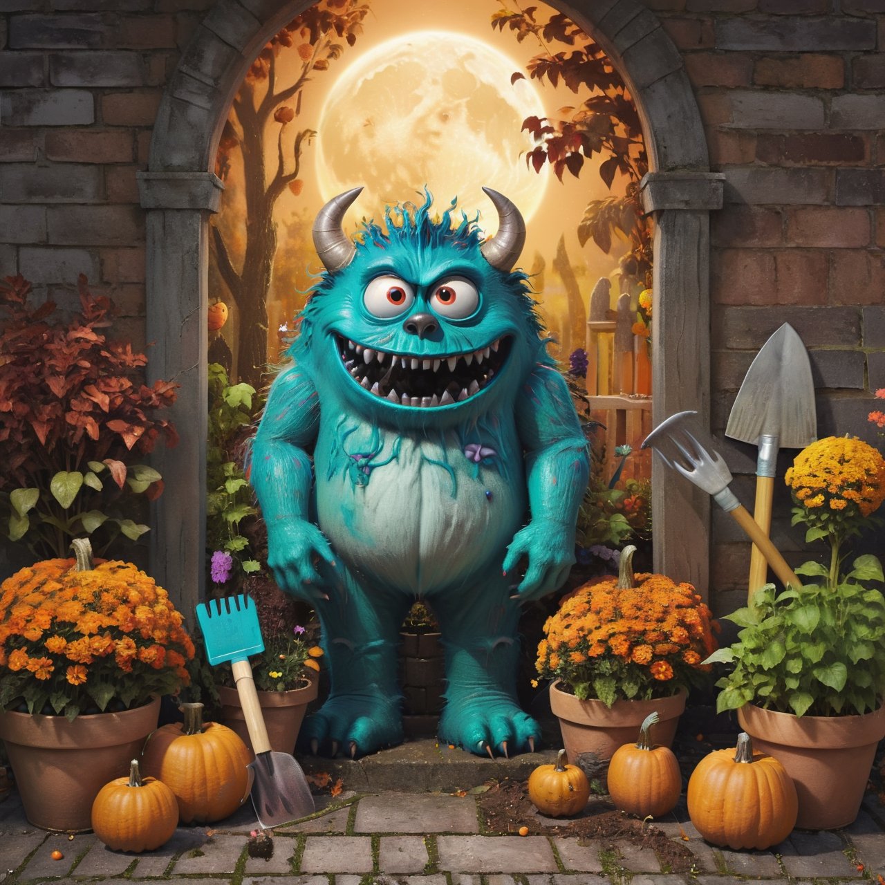 monsters gardening infront flowerpots and gardening tools, autumn eve, halloween season, ((best quality)), ((masterpiece)), ((ultra-detailed)), high resolution, 