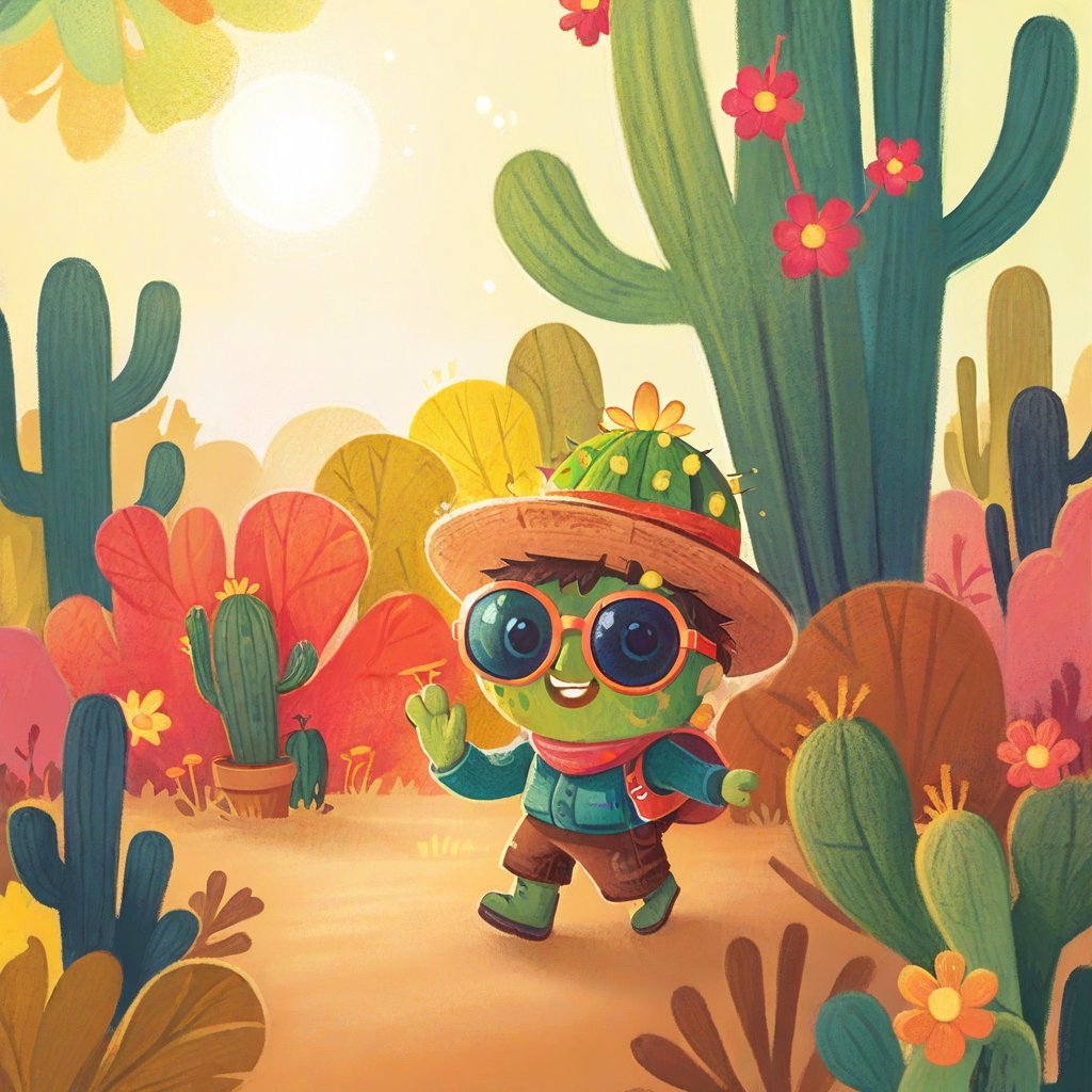 happy cactus wearing sunglasses, flower on his head, in autumn season,  illustration, no humans, looking at viewer, solo, portrait, vector art,