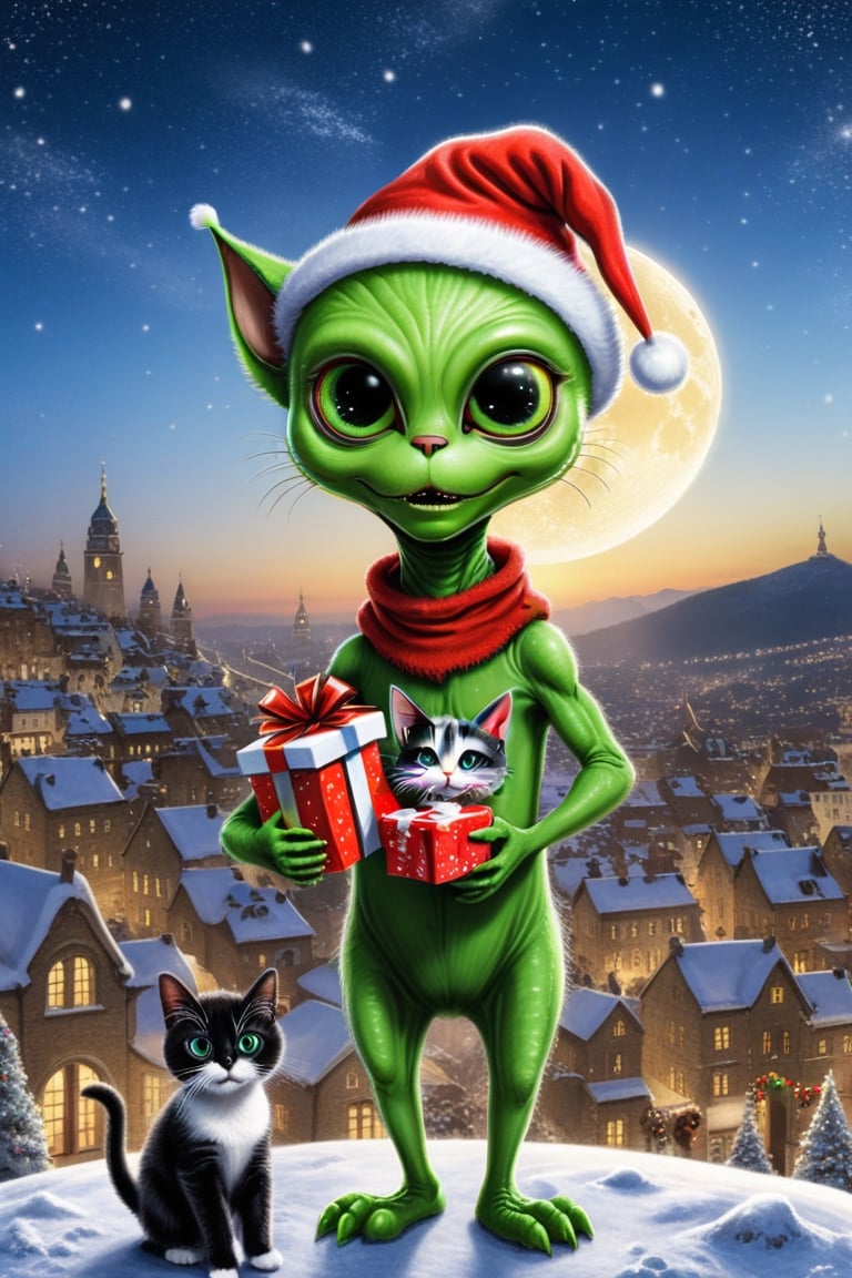 AN alien celebrating Christmas, with a cat, city background

