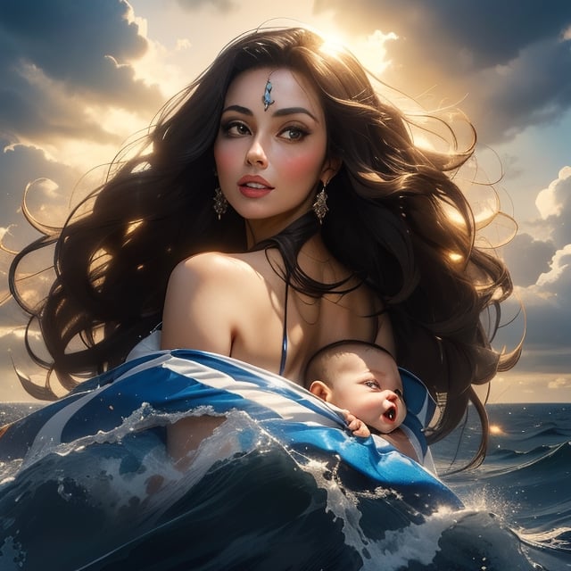 Woman in front, mixed race, long wavy hair, color of the night, waving in the air, dress, transparent sky color, face between Sophia Loren, Monica Bellucci, Harnaaz Sandhu, with baby in arms (similar image of the Caridad del Cobre, Cuba), floating in the sky over the sea (as if coming out of the clouds, revealing the sun's rays from behind), map image of cuba, waving cuban flag, digital_art 