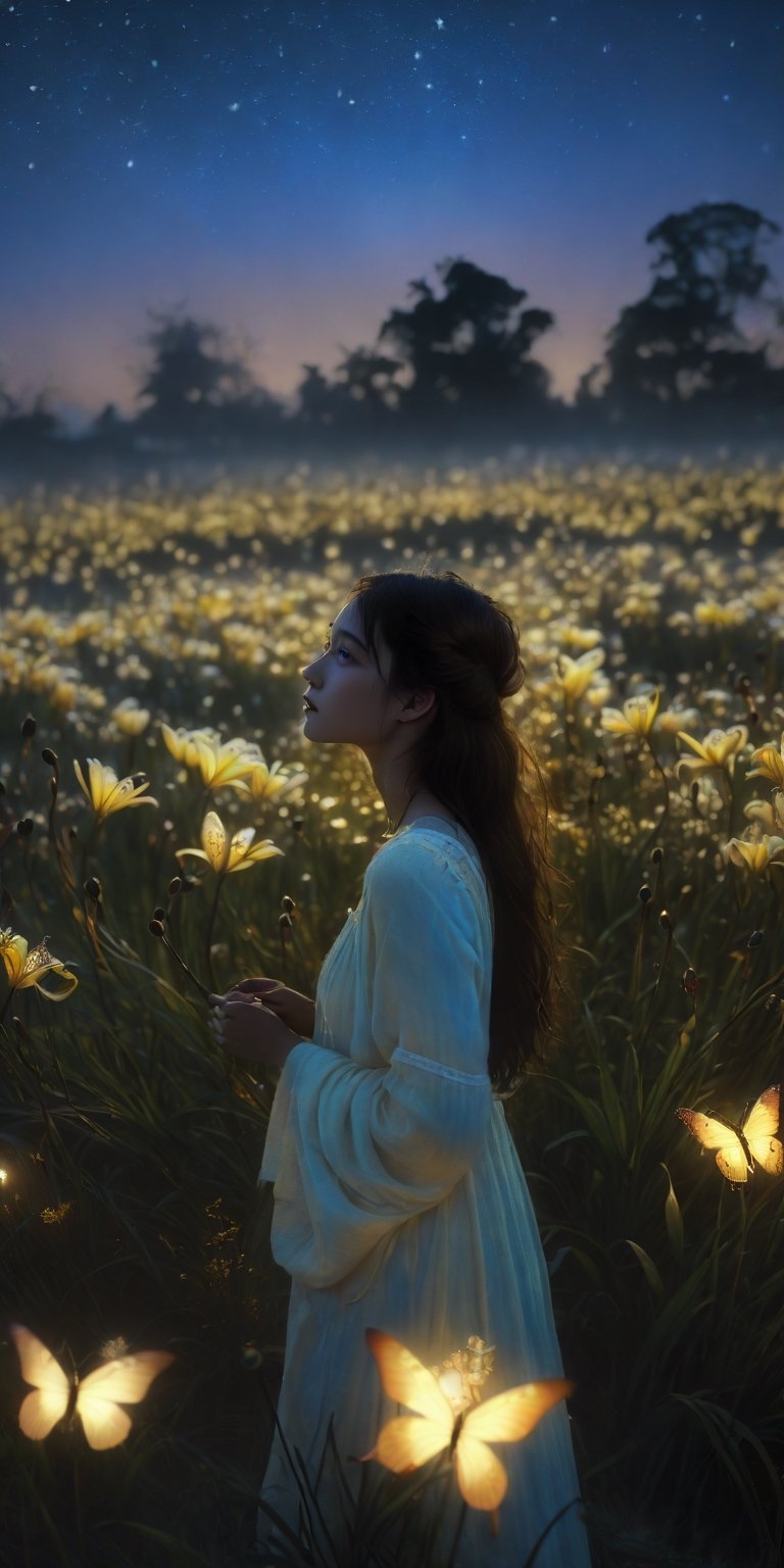 1girl, full body, high detailed, ultra realistic,  Bathed in ethereal moonlight, a figure stands amidst a field of yellow and blue spider lilies, their crimson whispers echoing the sorrow in their eyes. Butterflies, fragile yet determined, flutter around them, drawn to the moonlit beauty and silent lament. (Focus on melancholic ambiance, contrasting colors, and the butterfly's symbolic hope), Movie Still