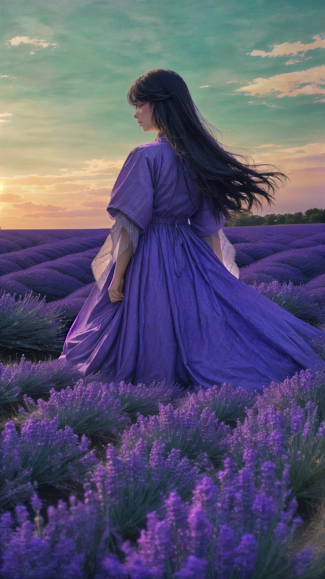  A lone figure stands amidst a lavender field, their presence stirring the fragrant mist. Dried lavender sprigs adorn their hair, weaving tales of forgotten memories and whispered dreams. Eerie, evocative, high resolution.