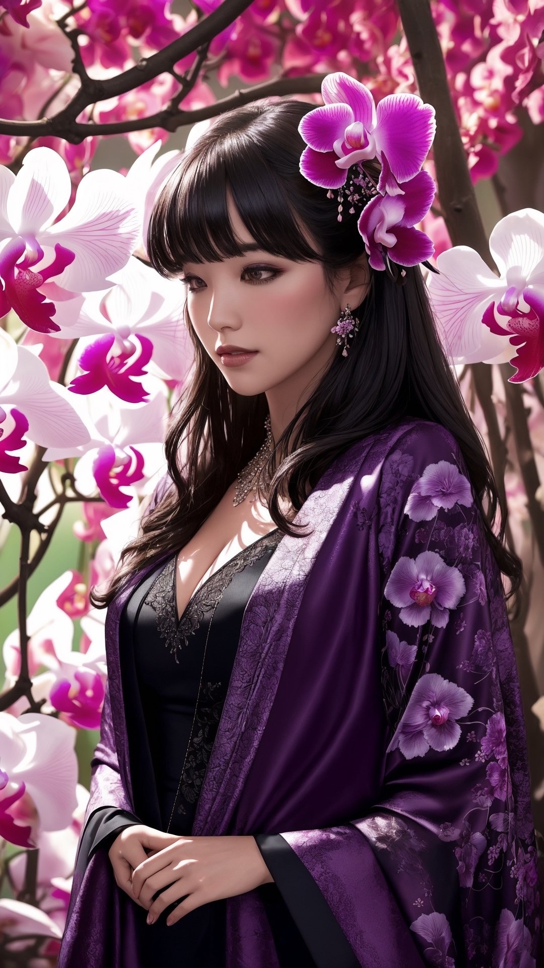 A hidden auction unfolds beneath a canopy of glowing orchids. Bidding whispers mingle with the floral perfume, each bid unveiling a hidden desire. Intricate details, dramatic lighting, high resolution.