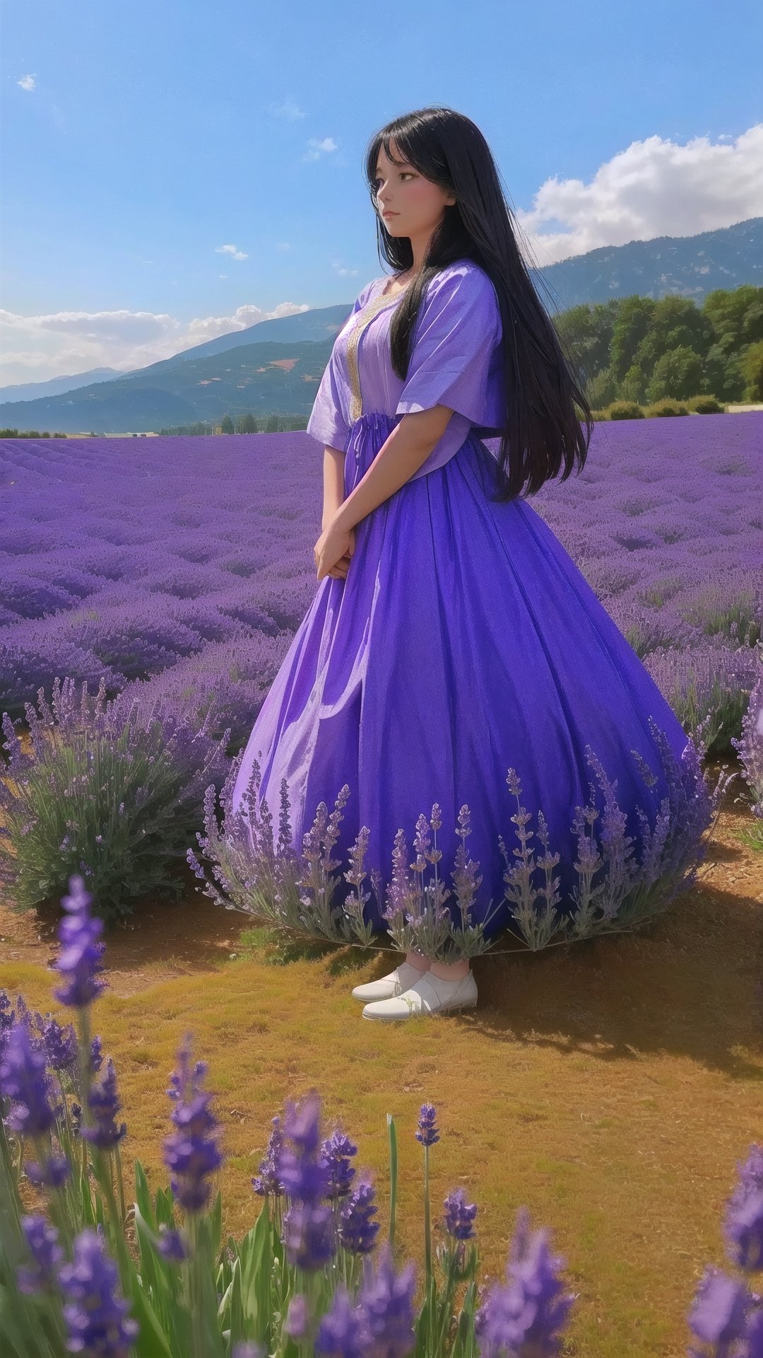  A lone figure stands amidst a lavender field, their presence stirring the fragrant mist. Dried lavender sprigs adorn their hair, weaving tales of forgotten memories and whispered dreams. Eerie, evocative, high resolution.