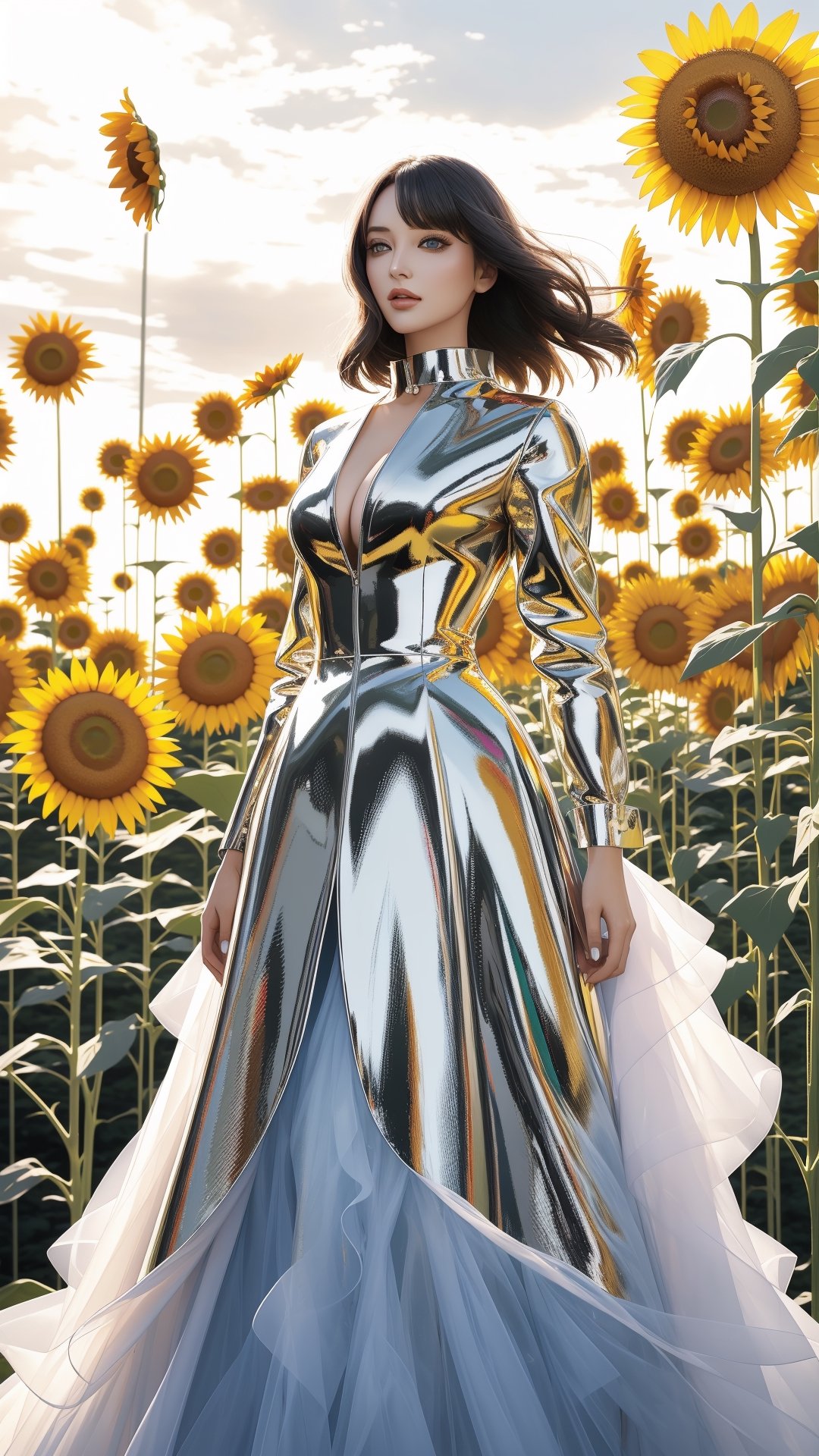 A woman with eyes like electric daisies stands amidst a field of metallic sunflowers. Her sleek, chrome gown echoes the flower's form, a fusion of nature and technology. Glitchy, detailed, high resolution.,flower_core