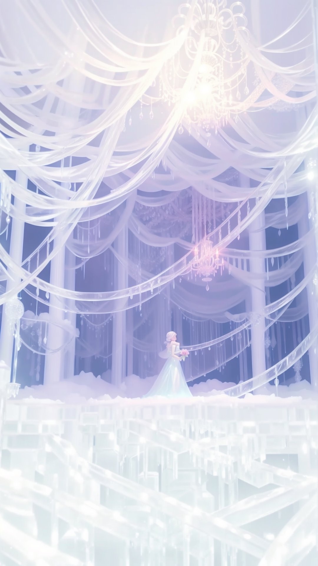 A grand ballroom lies frozen in time, delicate ice flowers clinging to crystal chandeliers. A lone figure waltzes amidst the icy blooms, their breath a plume of mist in the eternal winter. Surreal, dramatic, high resolution.,y2k