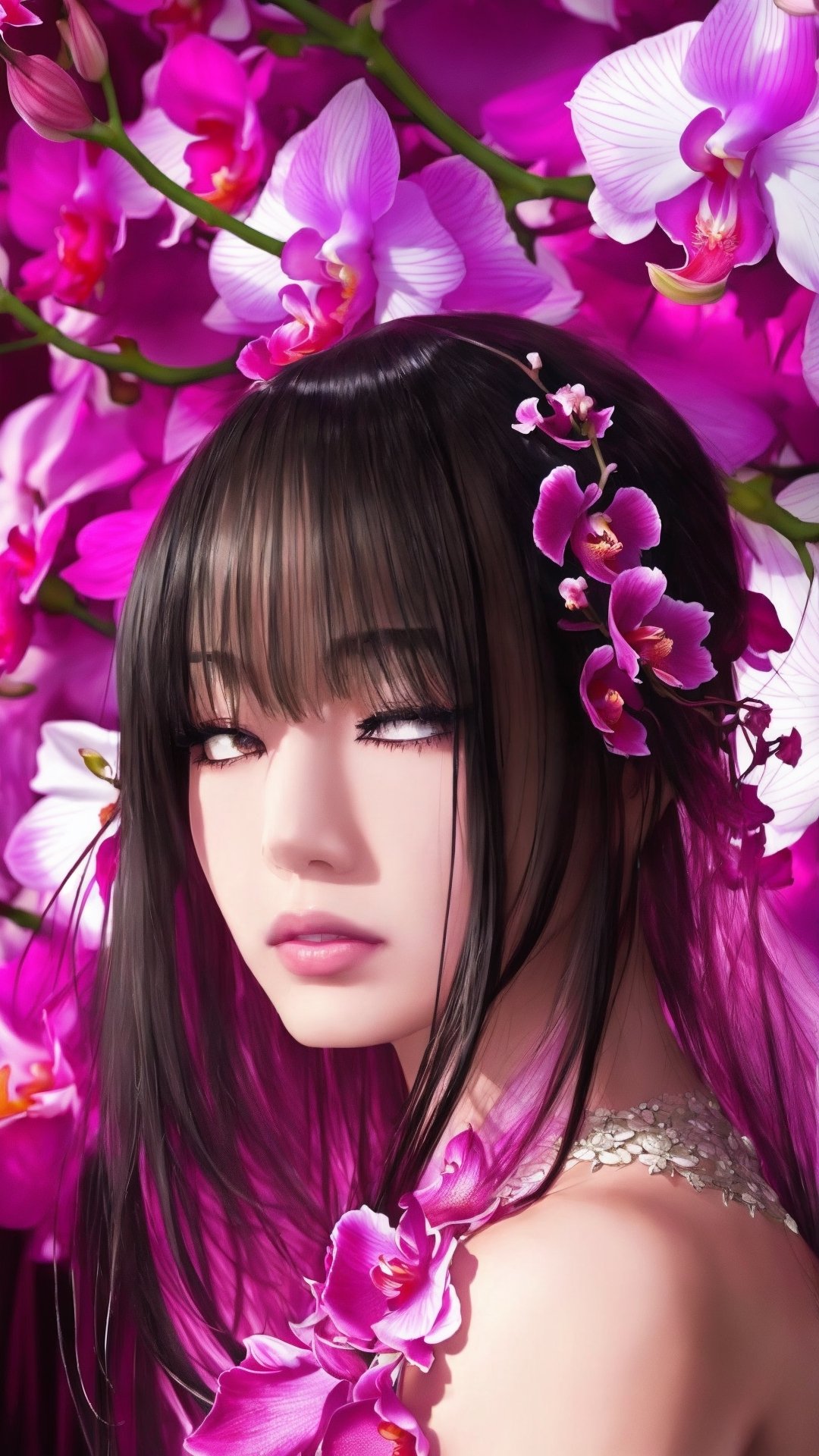 A hidden auction unfolds beneath a canopy of glowing orchids. Bidding whispers mingle with the floral perfume, each bid unveiling a hidden desire. Intricate details, dramatic lighting, high resolution.