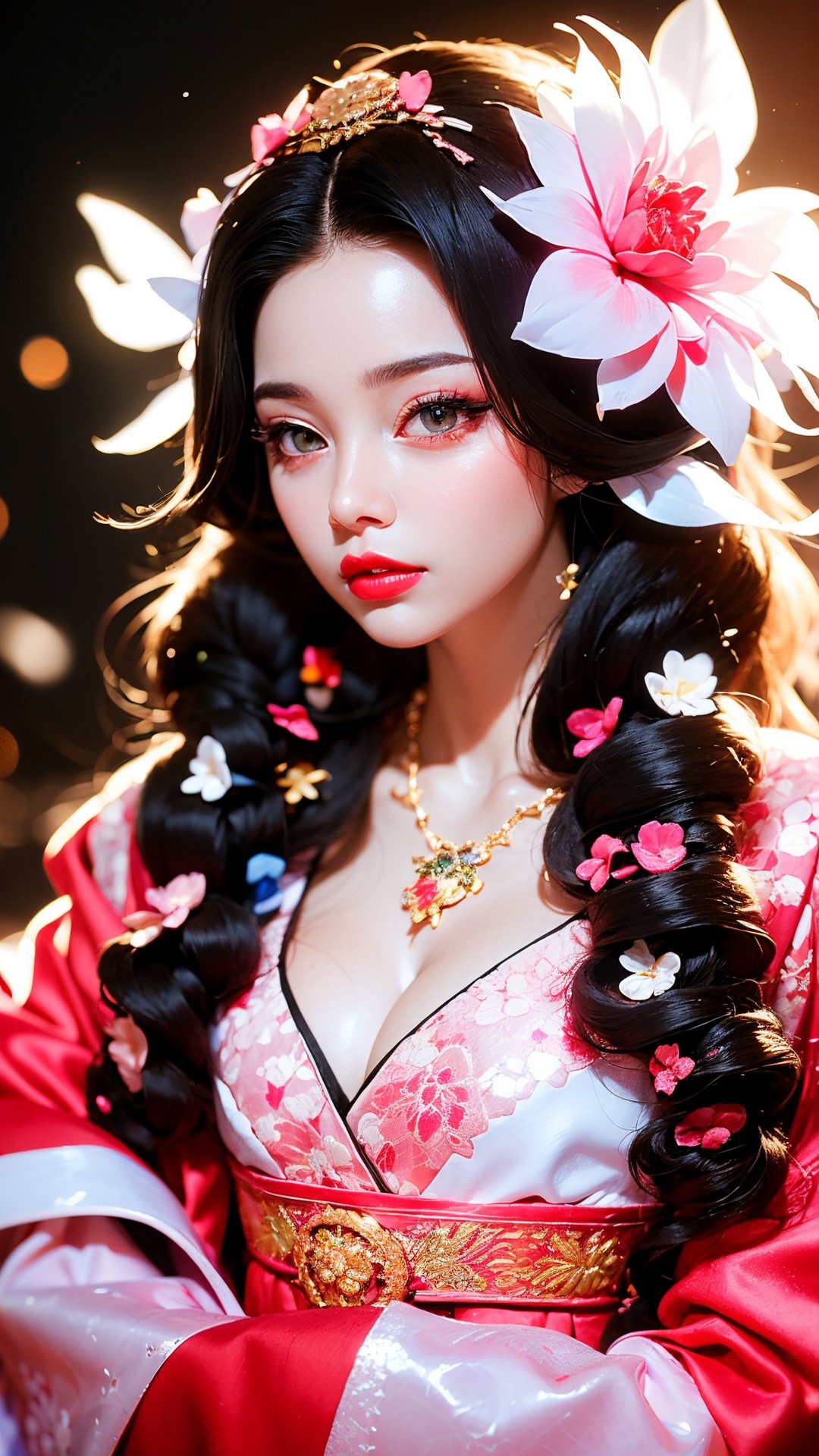 (masterpiece, best quality:1.4), (beautiful, aesthetic, cute, adorable:1.2), (depth of field:1.2), sexy, perfect female form, expressive eyes, long hair, Beautiful korean kisaeng, vibrant colors, heavy make-up, bright red lipstick, ((long thick hair, volume hair, long thick wavy hair with curls)), messy hair, full shot, wearing flowery deep red hanbok, flower pattern,  big natural camellia flower on hair, extensive mauve, (Aesthetic Minimalist Natural Pink Camellia Flowers Background),downblouse,1 girl, korean, stunningly beautiful face, extremely detailed eyes, stunningly beautiful eyes, HDR, 4K, seductive pose, ornate necklace,joseon