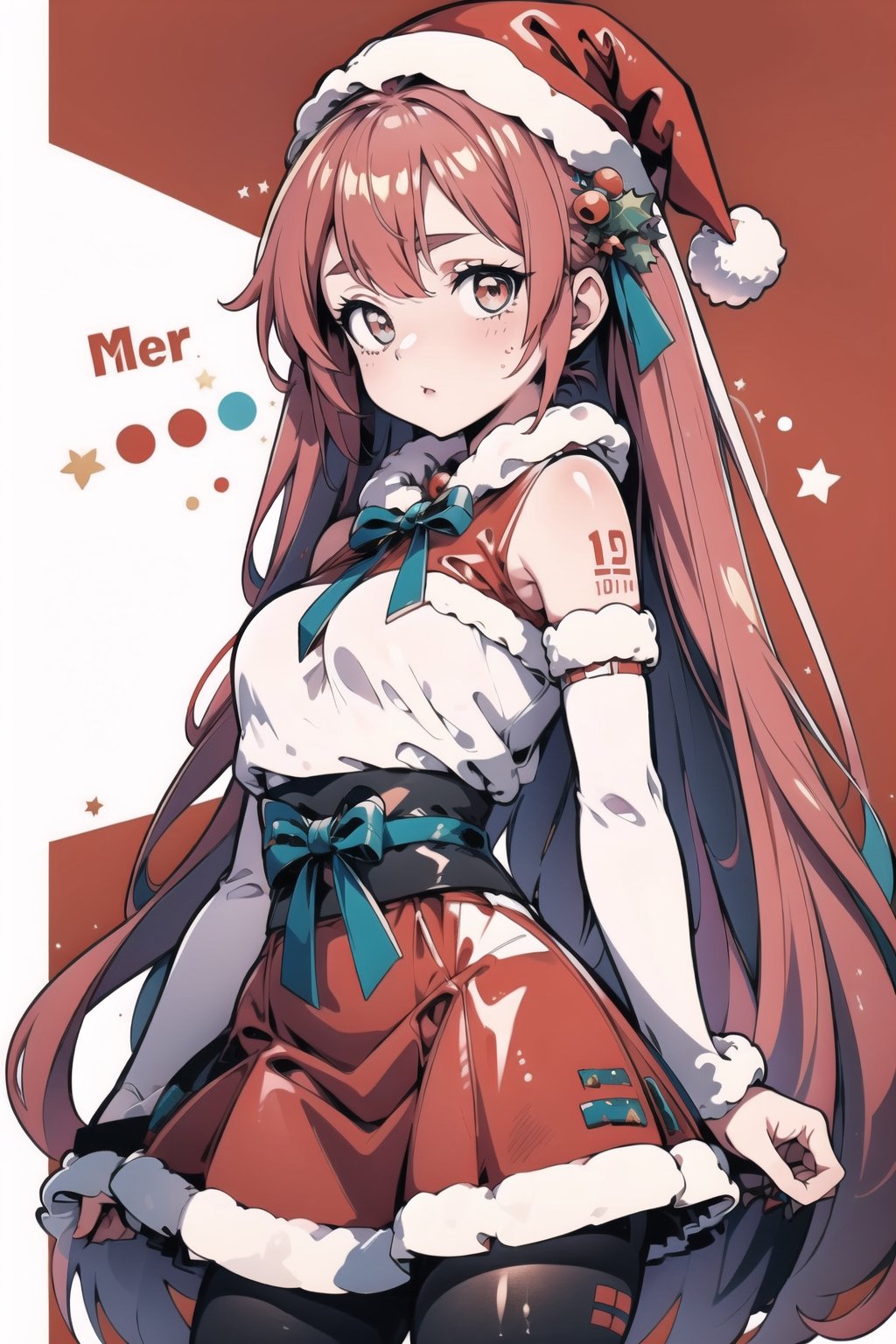 Píxel Art, hatsune miku, Christmas, Christmas hat, Christmas skirt, ((masterpiece)), white and red lines background, bright eyes shiny hair,