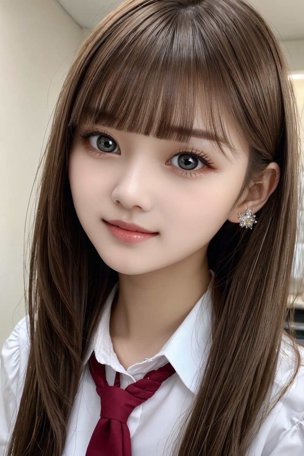 Portrait, school uniform, bright expression, half-up, young and glossy white skin, great looks, natural brown hair with dazzling highlights, glossy shiny hair, super long smooth straight hair, radiant beauty Bangs, blunt bangs, sparkling crystal clear charm Big eyes, very beautiful and lovely cute 18 year old girl