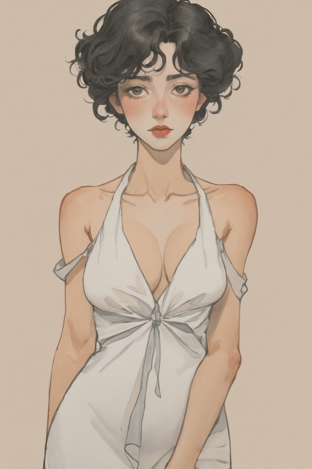 (Best quality, High quality, masterpiece, Artistic, Artistic painting, Painting Naturally, Modernism art, Watercolor, watercolor pencil painting, ligne_claire, Illustration), bare shoulder, 1 girl, deep v neck dress, (Painted by 3 person that is Egon Schiele and Pablo Picasso and John Barkey), stylized art, Red Rose, Black hair, 
