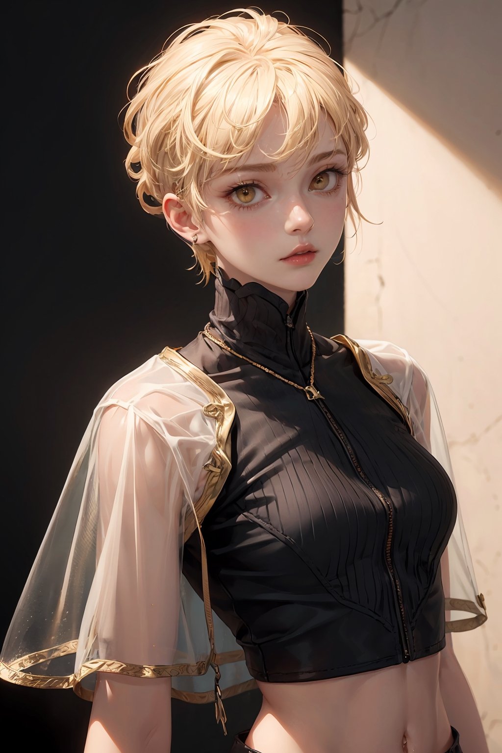 a 20 yo woman, blonde, (hi-top fade:1.3), (gold eyes, makeup), curly_hair,  dark theme, soothing tones, muted colors, high contrast, (natural skin texture, hyperrealism, soft light, sharp), see-through clothes