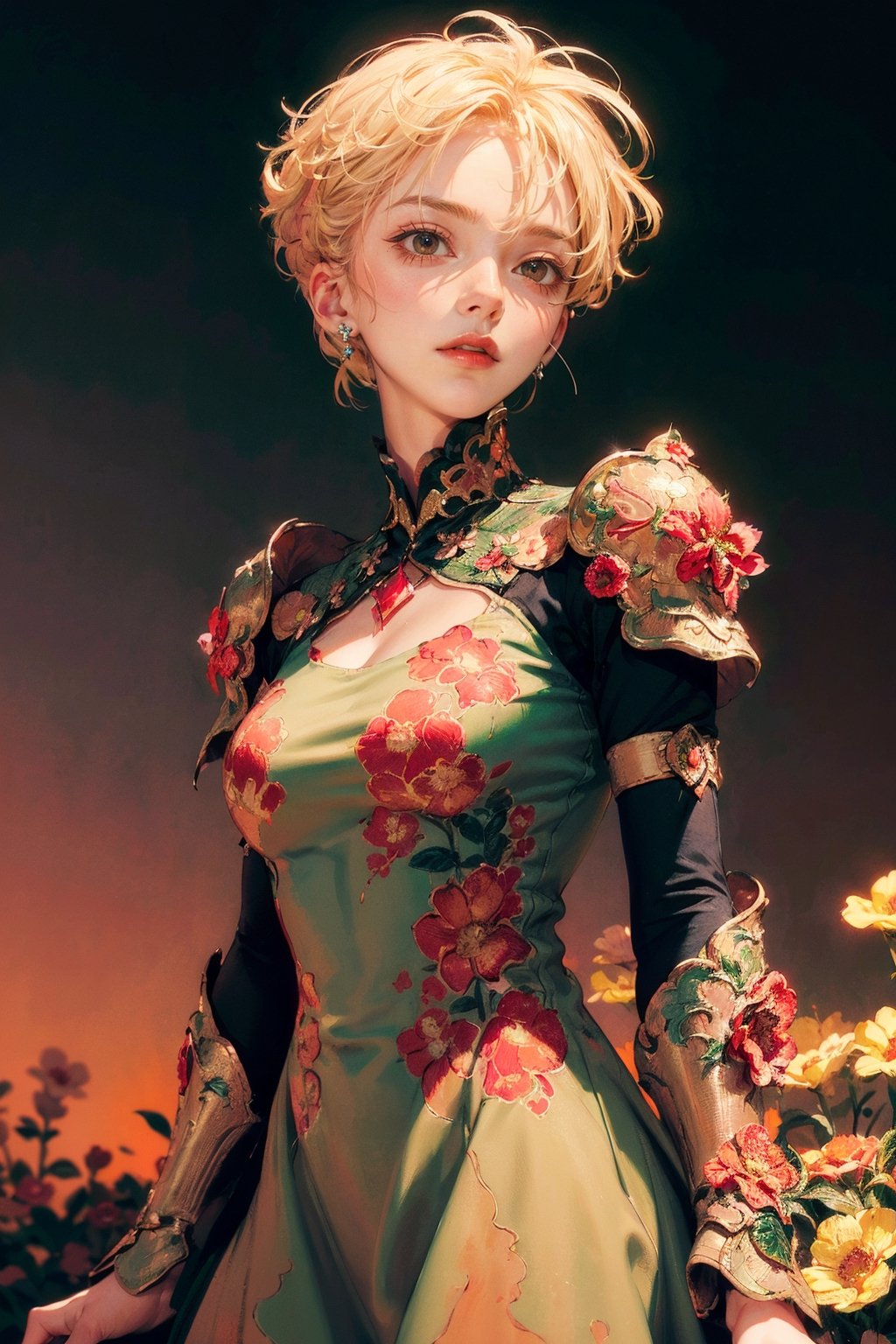 a 20 yo woman, blonde, (hi-top fade:1.3), (gold eyes, makeup), curly_hair, flower dress, colorful, darl background,flower armor,green theme,exposure blend, medium shot, bokeh, (hdr:1.4), high contrast, (cinematic, red and orange:0.85), (muted colors, dim colors, soothing tones:1.3), low saturation,