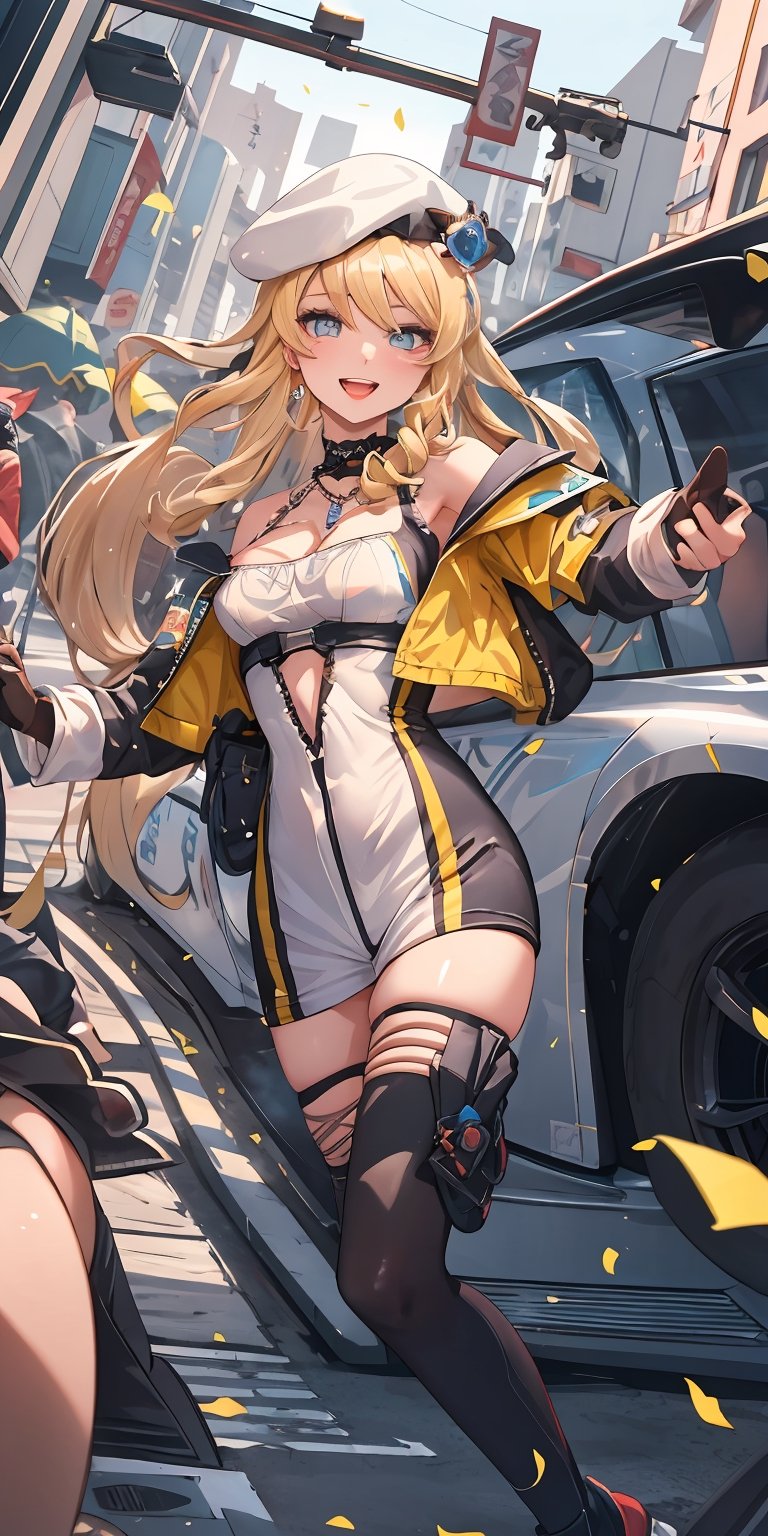 (masterpiece), best quality, ultra-detailed, illustration, beautiful face, 1girl, sporty, standing, smiling, open mouth, detailed lips, chocker, milf, mature, blonde hair, [green eyes|blue eyes], white beret, open jacket, yellow jacket, racing outfit, racing dress, long hair, necklace, solo, drilled hair, very long hair, wavy hair, medium breasts, [[cleavage]], navia_gi, navia \(genshin impact\), ((blonde hair)) , scenery, kneehigh, windy, depth of field