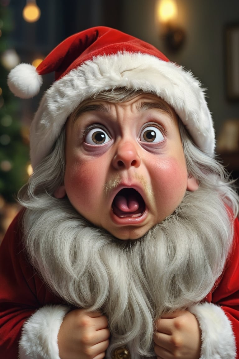 Santa claus shocked,  santa has trauma over  a scared face of cute little mouse, 
, HDR, highly detailed, 32k,