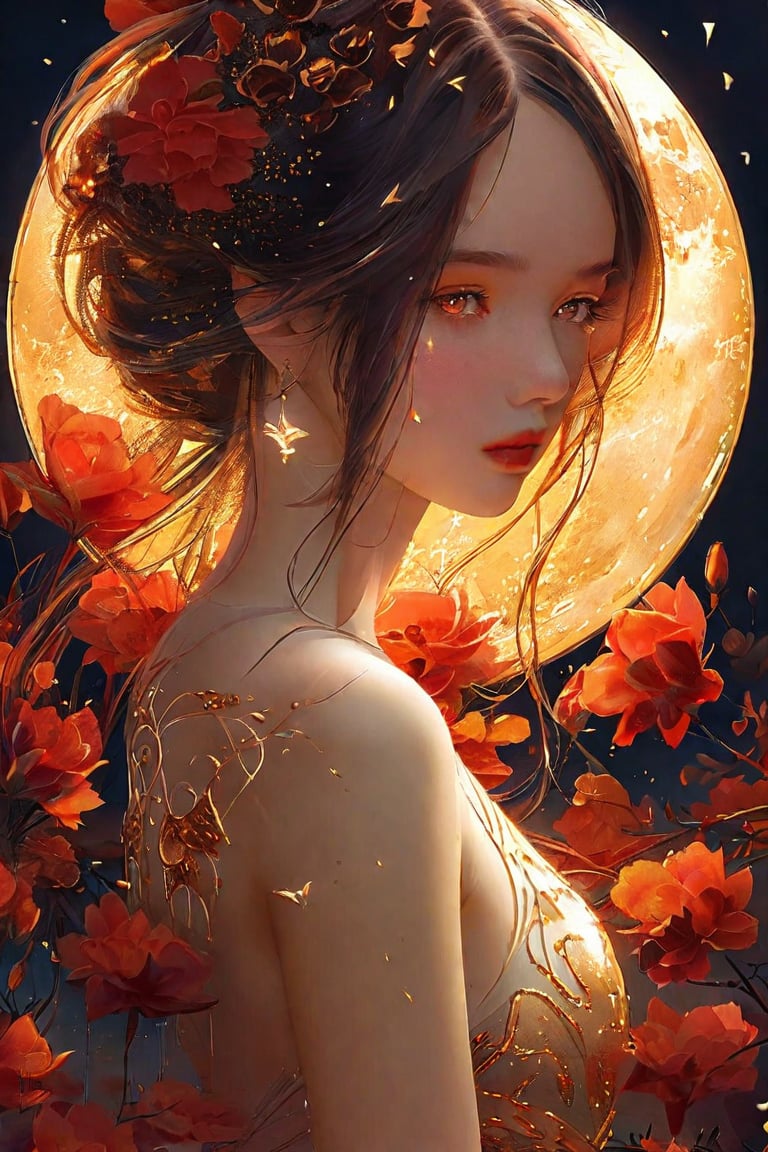 (1girl, face focus, medium shot, gracefully, golden petals and red flowers form intricate patterns against the backdrop of the moon, reminiscent of the styles of Yoann Lossel, Cyril Rolando, Nan Goldin, Lee Bontecou, and Loish), Detailed texture, High quality, High resolution, High precision, Realism, Color correction, Proper lighting settings, Harmonious composition, Behance Works,detail-rendering,Watercolor,digital painting