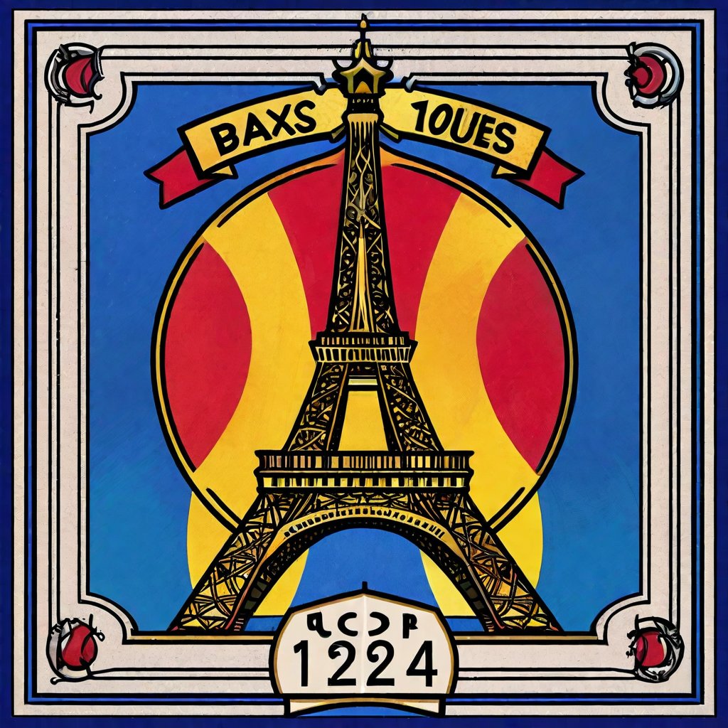 eifel tower in center, A majestic medieval-inspired logo for the Paris Olympic Games! The framing features a regal crest with intricate details, set against a contrasting background. The centerpiece boasts vibrant, bold text MMXXIV in a striking color scheme, with the smaller text 2024 elegantly situated below. A fusion of modern and medieval elements, this emblem exudes grandeur and excitement for the Olympic Games.