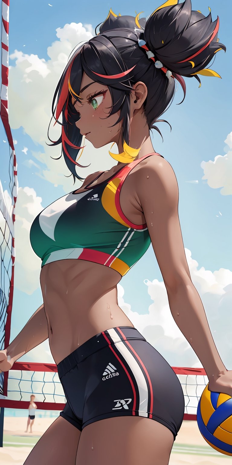 (masterpiece), best quality, ultra-detailed, illustration, kawaii style pastel colors, , kawaii, cute colors, keqing (genshin impact), hair xinyanrnd, , 1girl, green eyes, black hair, red hair, multicoloured hair, dark-skinned female, dark skin, alternate costume, sportswear, green sports bra, stomach, breasts, cleavage, collarbone, navel, green shorts, short shorts, arm up, armpit, (dynamic pose:1.4), looking forward, focused, sweat, cloud, day, outdoors, sky, solo, virtual youtuber, (volleyball, playing volleyball, beach volleyball:1.2), (from below, from side:1.3), (close-up),