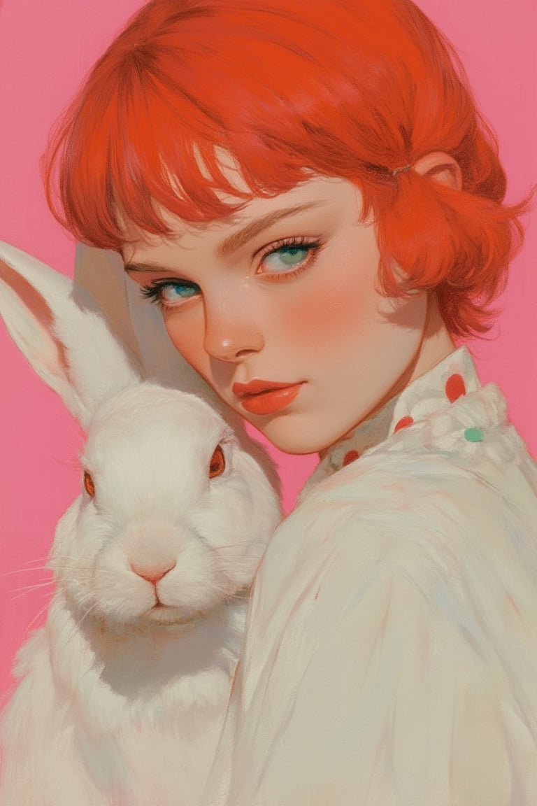 animaportrait of a woman with short red hair and a white rabbit, against a soft pink background, vibrant and bright, colorful, contrast, masterpiece.