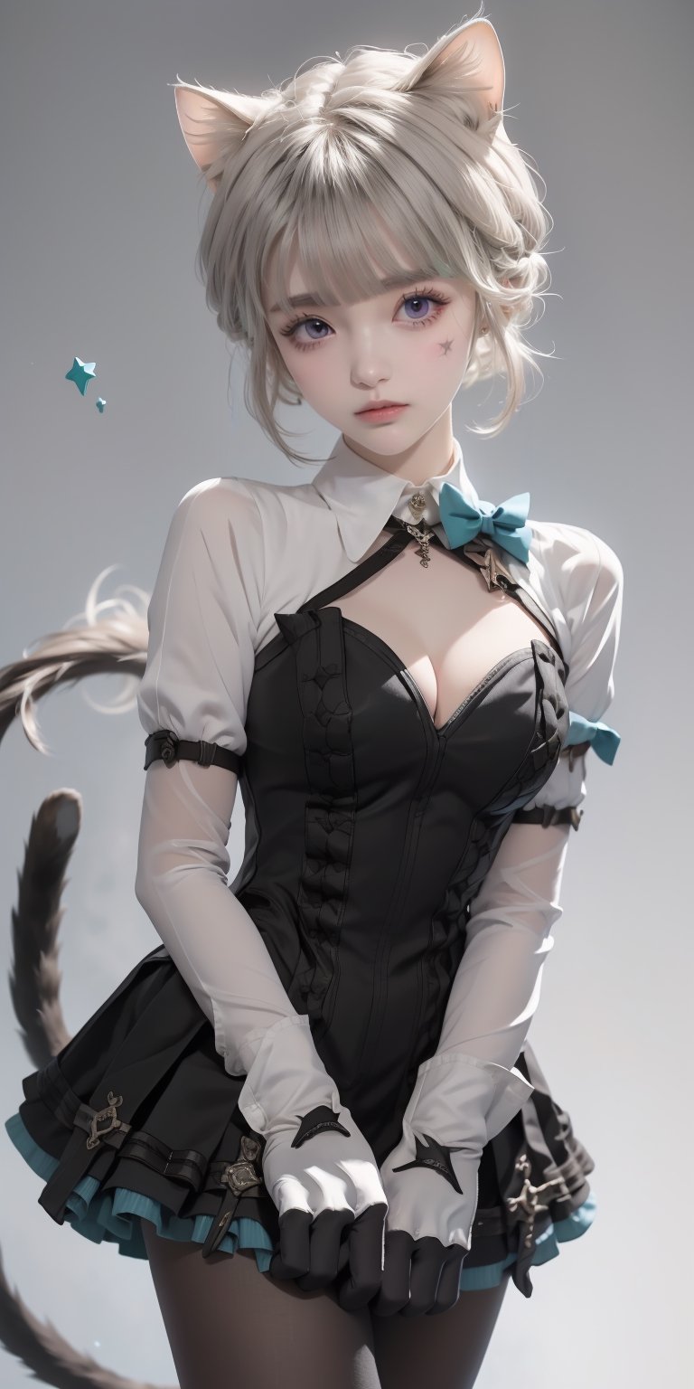 (((masterpiece))), (((best quality))), ((ultra-detailed)), (illustration), ((an extremely delicate and beautiful)), (detailed light), (bloom), looking at viewer,niji,1girl star \(symbol\),bow ,bowtie clothing ,cutout puffy sleeves ,white shirt ,gloves ,cat tail ,black dress ,black skirt ,cleavage, black pantyhose,bow bowtie clothing cutout puffy sleeves white shirt gloves cat tail black dress black skirt black pantyhose,masterpiece,Realism,Detailedface, (white background)