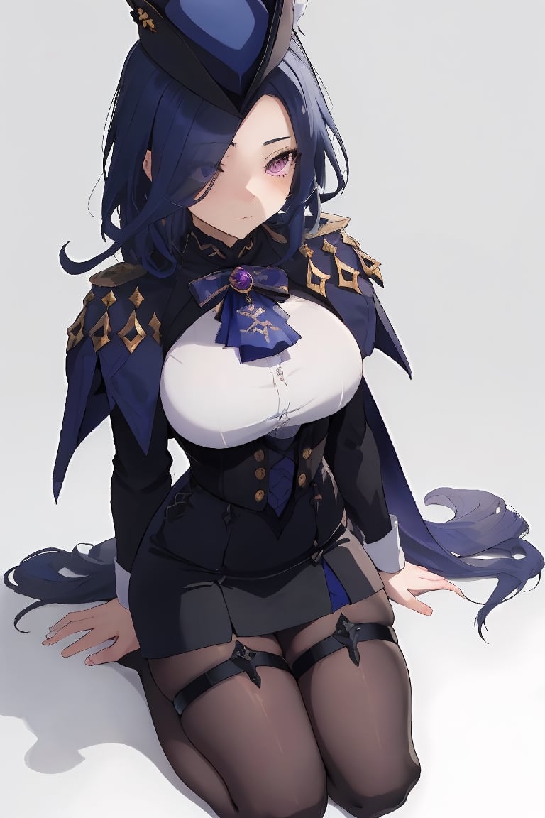 absurdres, highres, ultra detailed, manhwa style, (cute), 1girl, milf, clorinde (genshin impact), , blue hair, long hair, hair over one eye, ascot, headwear, capelet, high-waist skirt, thigh strap, pantyhose, white shirt, kneeling, arm behind back, looking down, from above, full body, simple background,clorinde (genshin impact),clorinde_genshin_impact