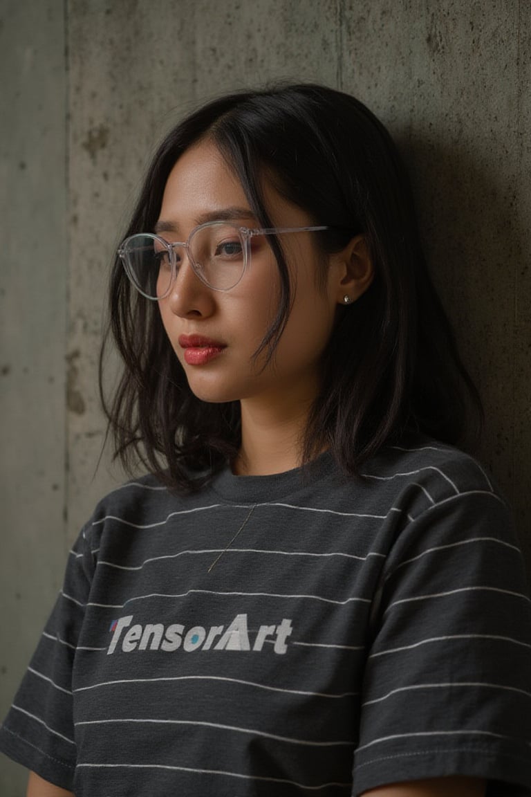  tensorart_logo, night shot, portrait korean woman wearing transparent sunglass and striped T-shirt with white tensorart_logo near the wall, professional photo, depth of field