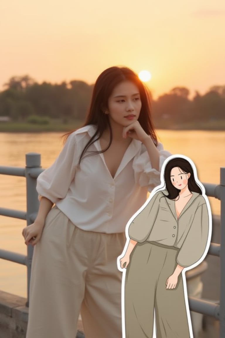 photography of a Thai woman in a breezy linen outfit, leaning on a railing near a serene lake at sunset, her thoughtful expression highlighted by the warm glow. Overlapping with the image, there is a vector illustration of the same woman with same outfit. 