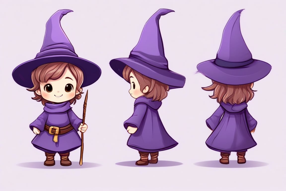 character sheet of cute small wizard in purple clothes