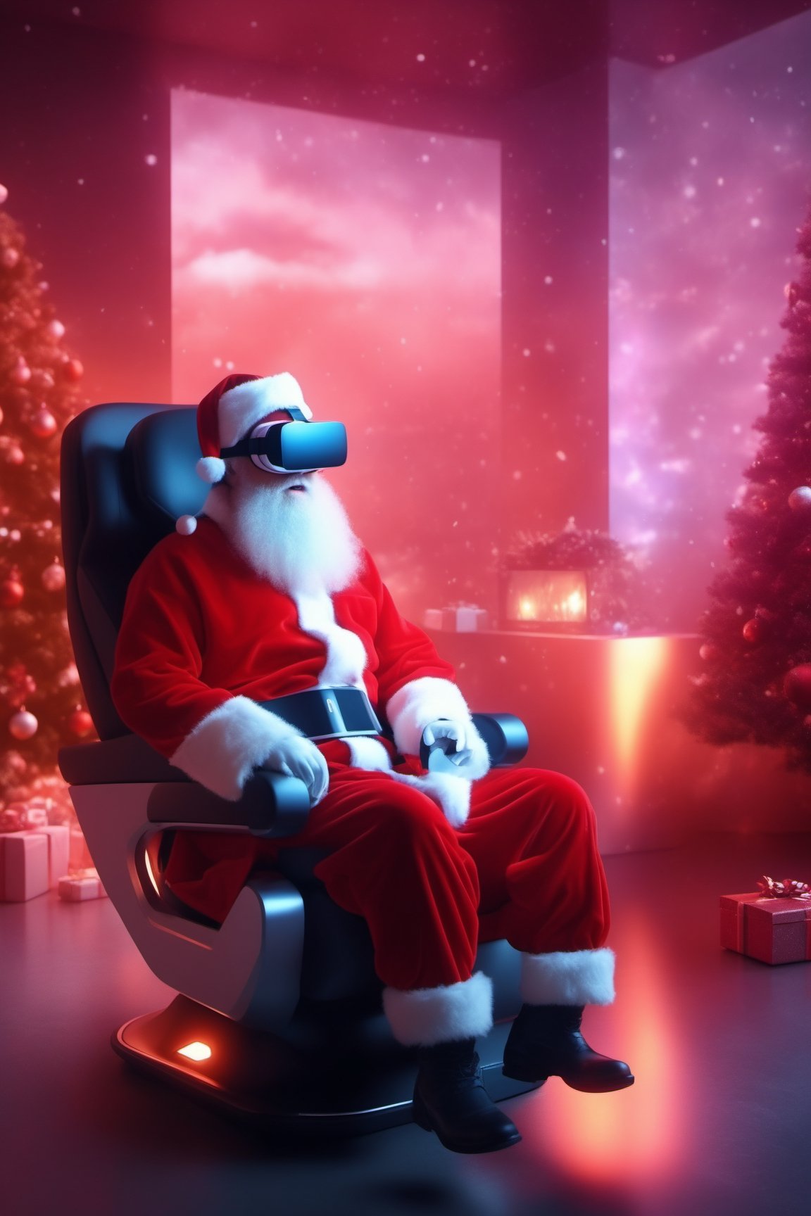 ((masterpiece, best quality)), ((christmas)), futuristic house, cyber , data, holographic, (santa claus wearing VR headset:1), santa claus uniform, red and white, beard, old, sitting in futuristic chair, A futuristic house, shining with vibrant lights, (best quality,4k,8k,highres,masterpiece:1.2), (realistic,photorealistic,photo-realistic:1.37), ultra-detailed, ultra-modern architecture, cutting-edge design, sleek and angular lines, glass walls, interactive holographic displays, (HDR,UHD) representations, (studio lighting), smart home automation, nature-inspired elements, (vivid colors), floating furniture, high-tech gadgets, state-of-the-art appliances, (bokeh) effect, panoramic views of the cityscape, (physically-based rendering), lush indoor gardens, (sharp focus), minimalist interiors, (extreme detail description), (professional) interior design, futuristic transportation systems, flying vehicles, robotic assistants, (concept artists) dream, a vision of the future.,Cyberpunk VR ,reindeer_sleigh,cyber